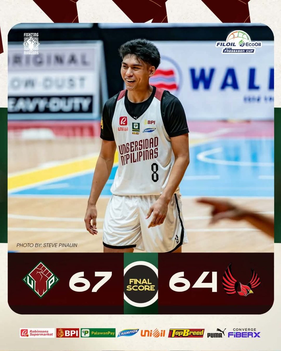 upmbt's tweet photo. SEMIS-BOUND MAROONS ✈️

The UP Fighting Maroons booked a ticket to the 19th FilOil EcoOil Preseason Cup semifinals after slipping past the Mapua Cardinals, 67-64, at the FilOil EcoOil Centre.

#UPFight #nowheretogobutUP https://t.co/DOoCASw9SZ