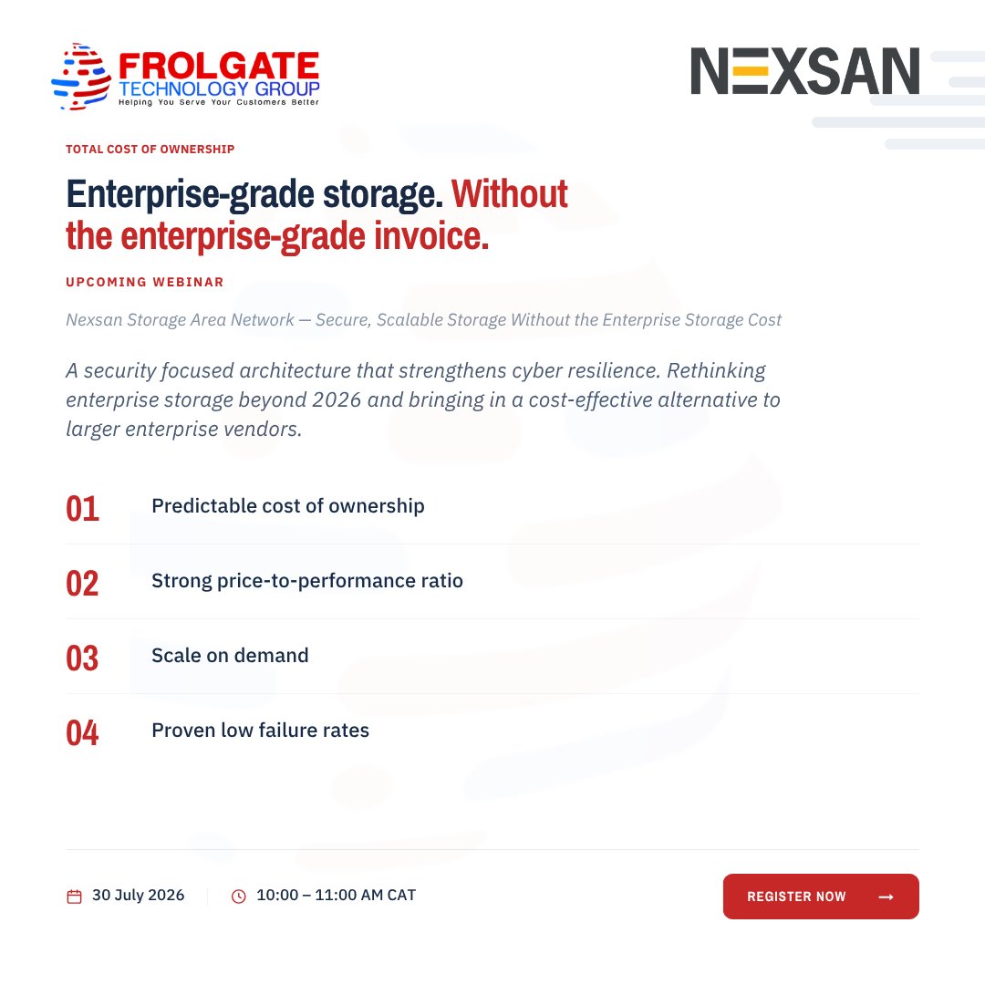 frolgate's tweet photo. Is your storage bill growing faster than your data?

Predictable cost of ownership. Strong price-to-performance. Scale on demand. Proven low failure rates.

Nexsan gives you enterprise-grade storage without the enterprise-grade invoice.

Join us on our upcoming webinar to go deeper.
📅 30 July 2026
🕙 10:00 – 11:00 AM CAT

👉 Register: https://t.co/nwaMYWQ6z2

#Nexsan #frolgatetechnologygroup #enterprisestorage #TCO #datastorage