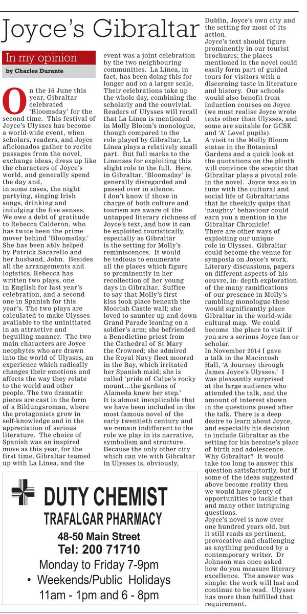 reb_calderon's tweet photo. Opinion piece by Charles Durante in today's #Gibraltar Chronicle. @JamesJoyceCentr https://t.co/bNYpjrYYth