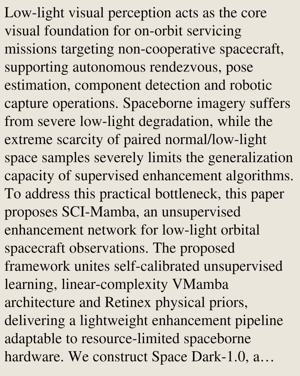 CIGX's tweet photo. SCI-Mamba: Unsupervised Learning based Low-Light Image Enhancement for Non-Cooperative Spacecraft

Yiyong Sun, Weihang Shan, Shijun Wei, Diwei Zhou, Guang Zhai
https://t.co/gZa7YAK7uB [𝚎𝚎𝚜𝚜.𝙸𝚅] https://t.co/CoUuVvP10f