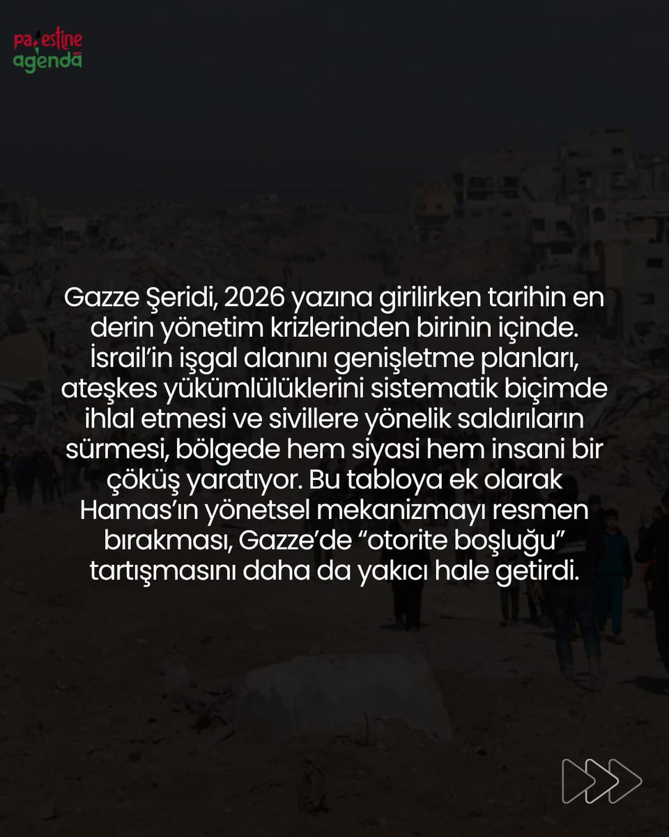 PalestinAgenda's tweet photo. Gazze Şeridi,2026 yazına girilirken tarihin en derin yönetim krizlerinden birinin içinde.İsrail’in işgal alanını genişletme planları,ateşkes yükümlülüklerini sistematik biçimde ihlal etmesi ve sivillere yönelik saldırılarn sürmesi,bölgede hem siyasi hem insani bir çöküş yaratıyor https://t.co/vtWZcVSwKn