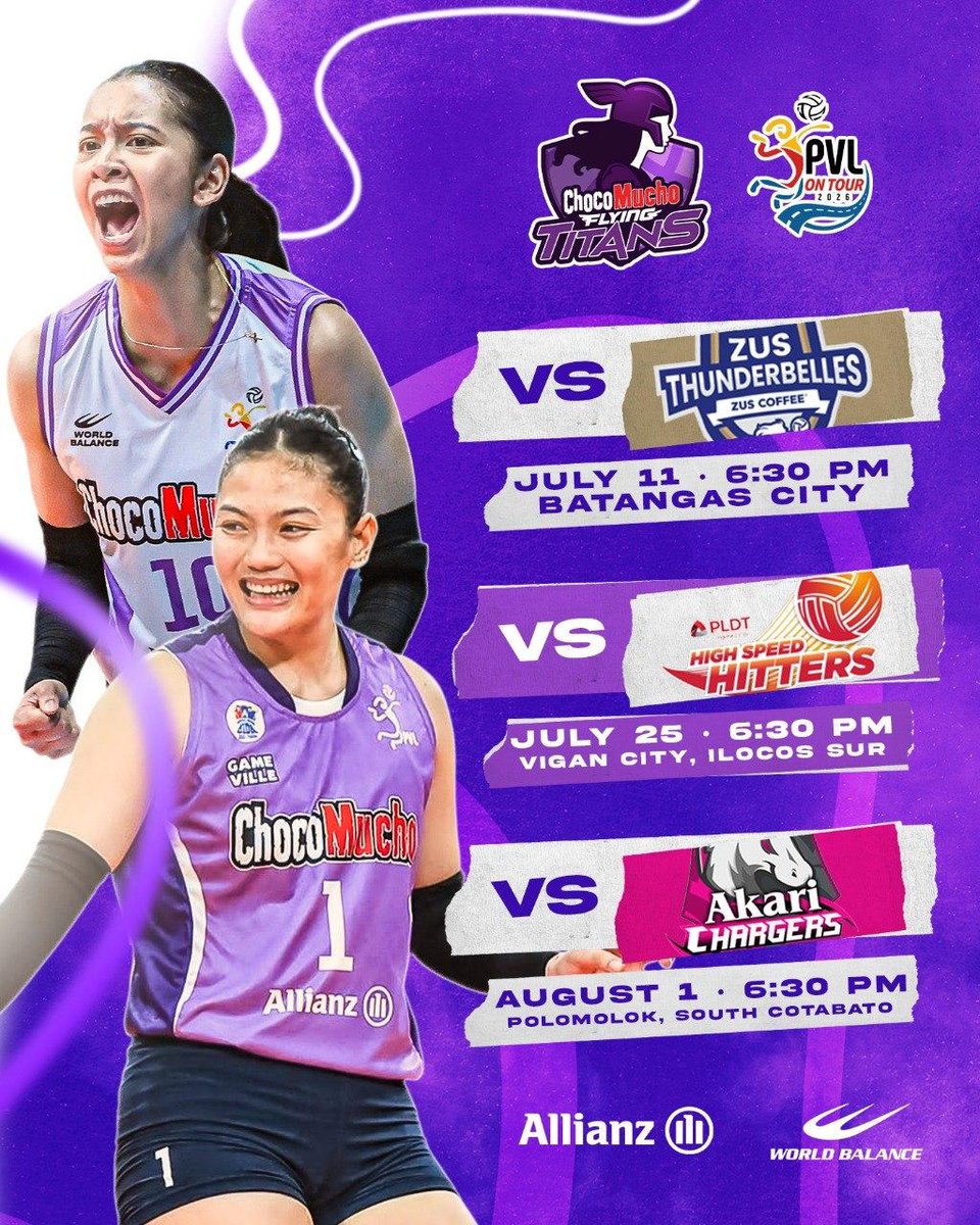CMFlyingTitans's tweet photo. The road to the PVL On Tour Conference starts here! 💜

Check out the Choco Mucho Flying Titans' game schedule and cheer on the team all conference long. See you on game day, Ube Nation!

#CMFT #ChocoMuchoFlyingTitans #PVLOnTour #PVL2026 #TitanPride #UbeNation https://t.co/2dEXtY7hQJ