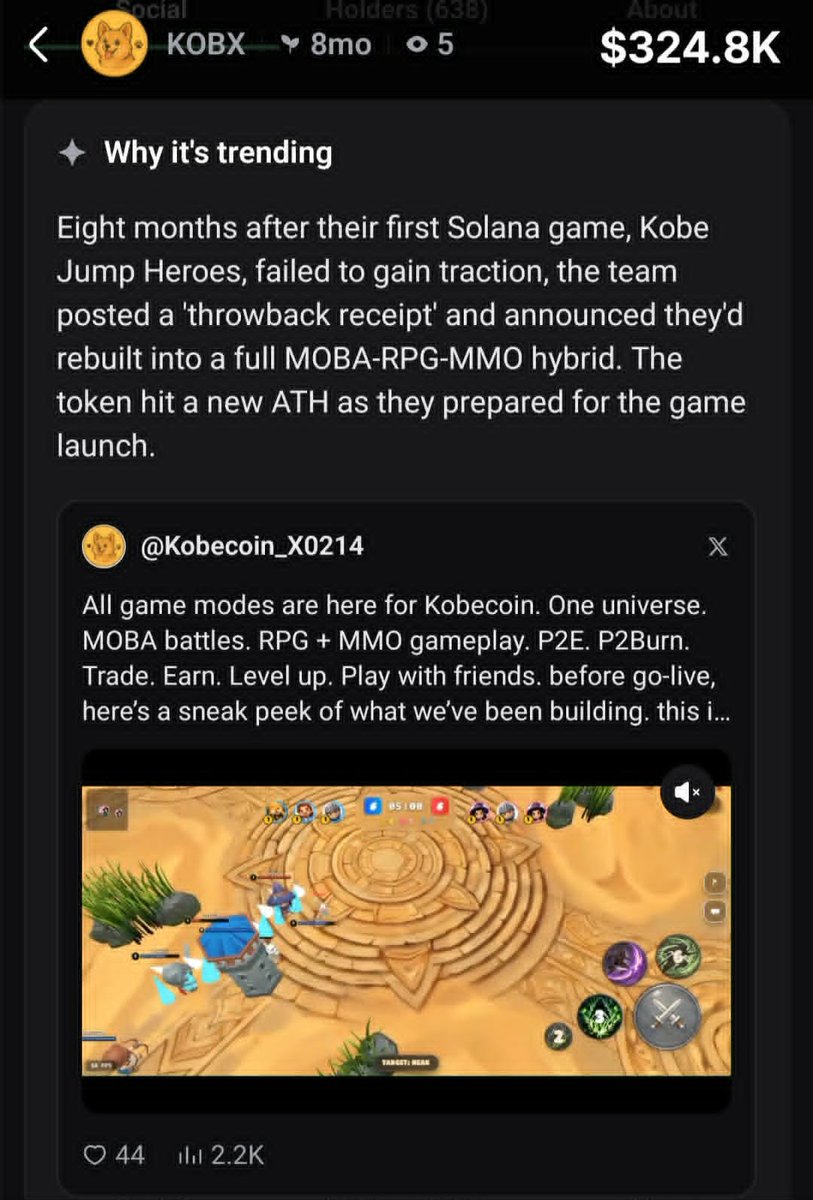 Kobecoin_X0214's tweet photo. Kobecoin is now trending on Solana.

Eight months ago, our first game failed to gain traction. We could have disappeared...but we rebuilt everything into a full MOBA, RPG and MMO gaming universe.

Now $KOBX is breaking new highs as we prepare for the grand game launch.

The market is finally noticing what we’ve been building.

CA: 48iJcUv9jsiZ7cCisyVFLPFLMoNBKg3L43bRvktXpump