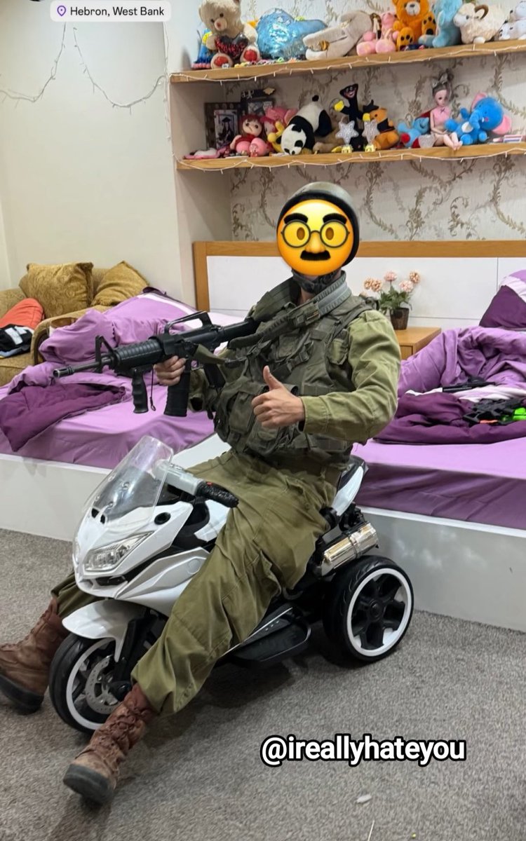 ireallyhateyou's tweet photo. Two days ago, an Israeli soldier posted a photo of himself riding a child's toy motorcycle, in a child's bedroom, in an occupied Palestinian home in Hebron, West Bank.

The sticker censoring the face is from the original Instagram story. https://t.co/3OJye3zSw0