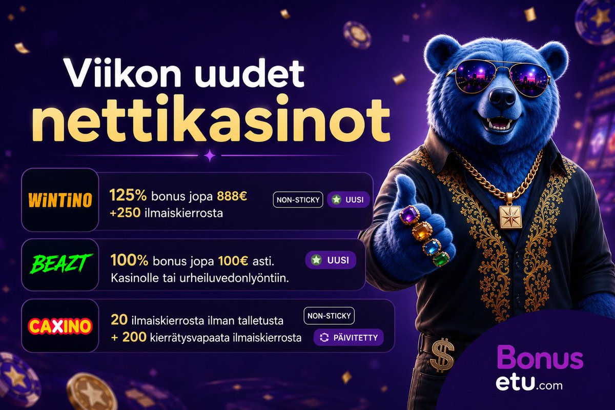 bonusetu_com's tweet photo. Viikon uudet nettikasinot 🎰
🎰 Wintino 
– 125% jopa 888€ asti + 250 ilmaiskierrosta

⚡ Beazt 
– 100% jopa 100€ jo 5€ talletuksella

🔥 Caxino 
– 20 ilmaiskierrosta ilman talletusta + 200 kierrätysvapaata ilmaiskierrosta

👉 https://t.co/EwTlZbxnMO

#nettikasinot #bonusetu https://t.co/wXS8212Jh6