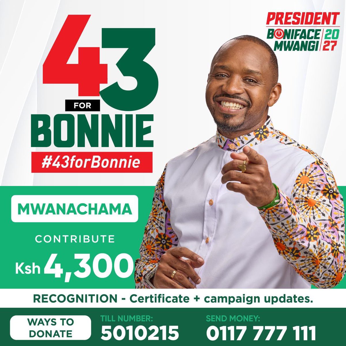 bonifacemwangi's tweet photo. I'm 43 today! I've spent half of my life fighting to ensure freedom, justice, and dignity for every Kenyan.

To mark my birthday this year, I'm inviting you to join a bold grassroots movement to support my presidential bid to "Build The Kenya We Deserve".

The #43forBonnie Challenge is a grassroots campaign for citizen-funded change. I'm issuing a simple and powerful call: contribute an amount containing the number 43 and challenge three friends to do the same. Contributions start from as low as 43 shillings to higher tiers of up to 4.3 million shillings, depending on one's ability. 

The goal is to raise between KSh 15–20 million through transparent donations, proving that a presidential campaign can be funded by ordinary Kenyans themselves. 

I have spent over 20 years standing with Kenyans who have no voice, and I want to make this year's birthday about what we can build together if we join hands. 43 bob from a million of us becomes real power. This is our moment to show that ordinary citizens can fund extraordinary change.

#43forbonnie #MwanzompyaKE #LoveandCourageKE