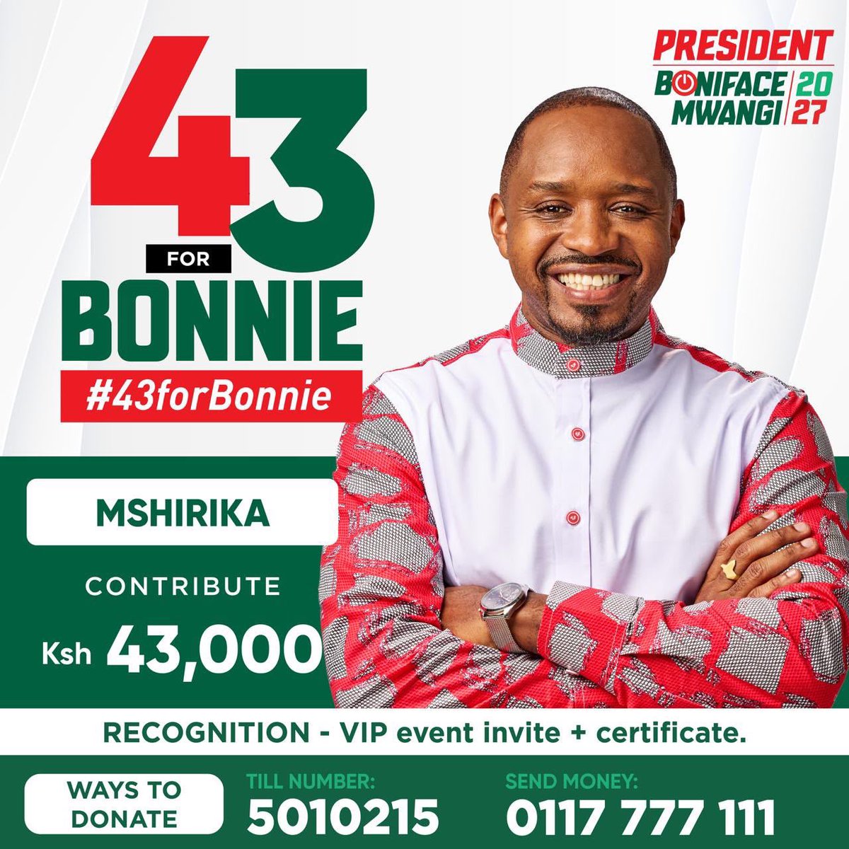 bonifacemwangi's tweet photo. I'm 43 today! I've spent half of my life fighting to ensure freedom, justice, and dignity for every Kenyan.

To mark my birthday this year, I'm inviting you to join a bold grassroots movement to support my presidential bid to "Build The Kenya We Deserve".

The #43forBonnie Challenge is a grassroots campaign for citizen-funded change. I'm issuing a simple and powerful call: contribute an amount containing the number 43 and challenge three friends to do the same. Contributions start from as low as 43 shillings to higher tiers of up to 4.3 million shillings, depending on one's ability. 

The goal is to raise between KSh 15–20 million through transparent donations, proving that a presidential campaign can be funded by ordinary Kenyans themselves. 

I have spent over 20 years standing with Kenyans who have no voice, and I want to make this year's birthday about what we can build together if we join hands. 43 bob from a million of us becomes real power. This is our moment to show that ordinary citizens can fund extraordinary change.

#43forbonnie #MwanzompyaKE #LoveandCourageKE