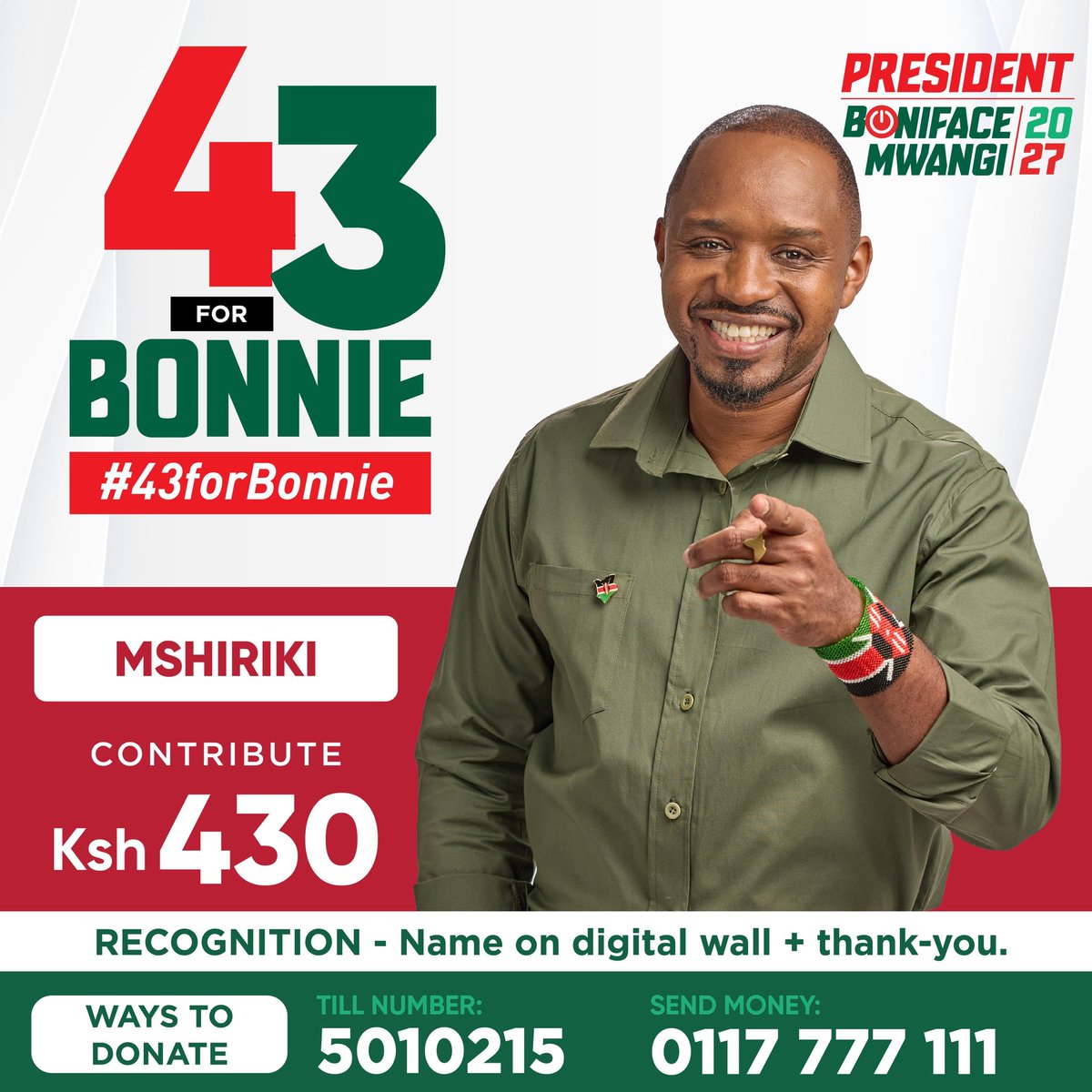 bonifacemwangi's tweet photo. I'm 43 today! I've spent half of my life fighting to ensure freedom, justice, and dignity for every Kenyan.

To mark my birthday this year, I'm inviting you to join a bold grassroots movement to support my presidential bid to "Build The Kenya We Deserve".

The #43forBonnie Challenge is a grassroots campaign for citizen-funded change. I'm issuing a simple and powerful call: contribute an amount containing the number 43 and challenge three friends to do the same. Contributions start from as low as 43 shillings to higher tiers of up to 4.3 million shillings, depending on one's ability. 

The goal is to raise between KSh 15–20 million through transparent donations, proving that a presidential campaign can be funded by ordinary Kenyans themselves. 

I have spent over 20 years standing with Kenyans who have no voice, and I want to make this year's birthday about what we can build together if we join hands. 43 bob from a million of us becomes real power. This is our moment to show that ordinary citizens can fund extraordinary change.

#43forbonnie #MwanzompyaKE #LoveandCourageKE