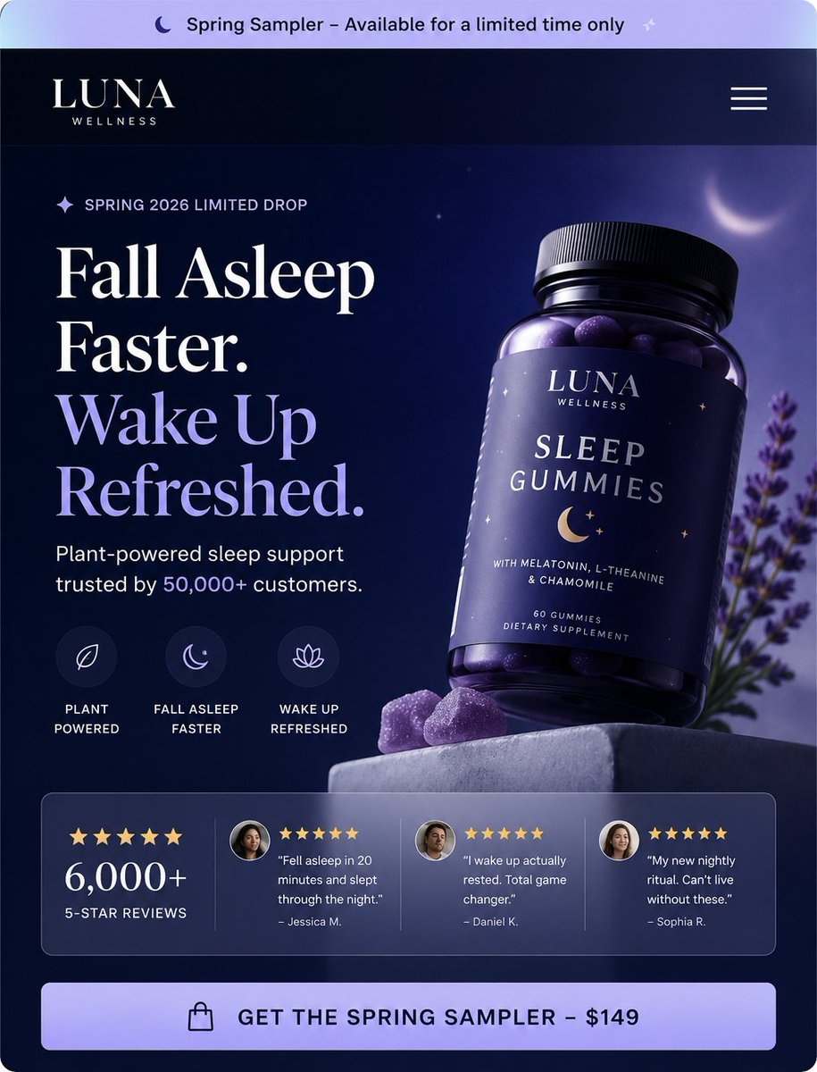danelvis354's tweet photo. Great hero sections answer three questions instantly:
What is it?
What does it do?
Why should I care?
Here's my take for a sleep wellness brand.
#ecommerce https://t.co/TfQWT31ixQ
