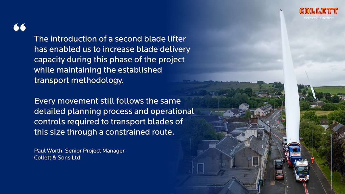 CollettLtd's tweet photo. Behind every complex wind turbine delivery is detailed planning, engineering expertise and an experienced team.

After our dual blade lifter convoy at Sanquhar II Wind Farm, Paul Worth explains how a second blade lifter has increased capacity while maintaining precision. https://t.co/YupuRz4Q5H