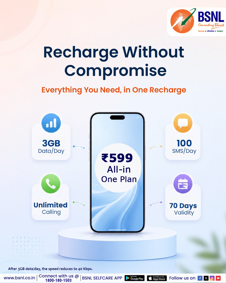 BSNLCorporate's tweet photo. For the ones who don’t just use their phone-they live on it.
From endless scrolling and streaming to work, gaming, and staying connected, your day deserves a recharge that never falls behind.
Recharge smart with #BReX
https://t.co/tag6wTKljh
#BSNLIndia #StayConnected #InternetForEveryone #DigitalLife #BSNLServices #SmartIndia #EverydayConnectivity #599plan @CMDBSNL @robertravi21