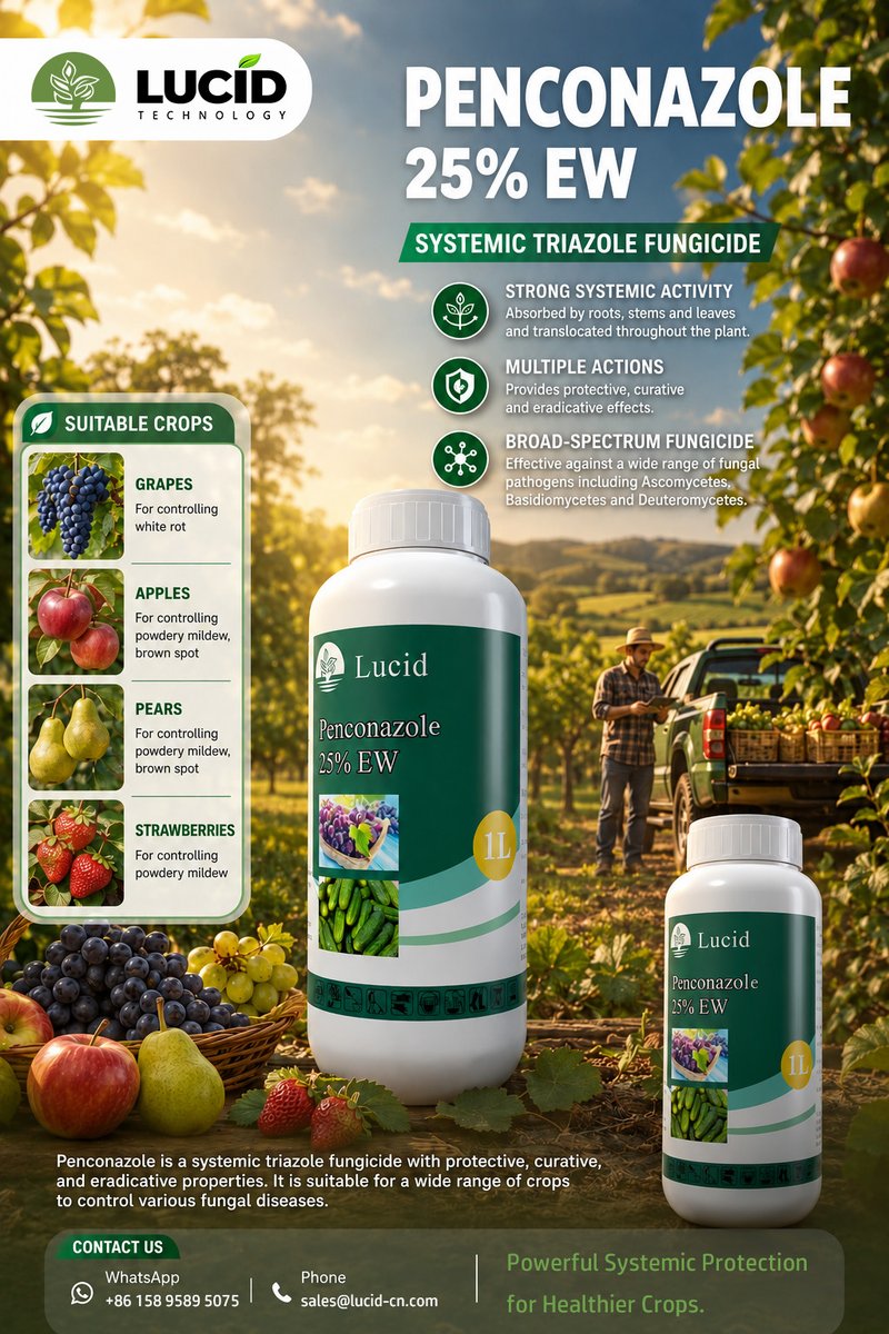 LucidAgriTech's tweet photo. Penconazole EW: Liquid "fungus evictor." The go-to for grape powdery mildew and white rot. #Penconazol #GrapeVine #Penconazol #GrapeFarming #PowderyMildew #Fungicide #EW #Orchard #CropProtection https://t.co/m6QQBeOq92
