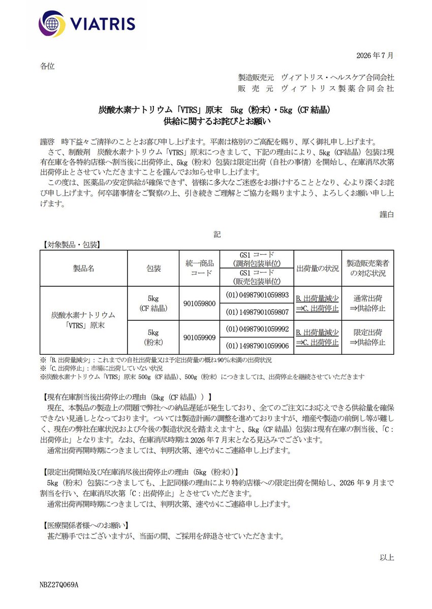biochin_hoei's tweet photo. 炭酸水素ナトリウムの錠剤入らなくなったから粉に変えたのに今度は粉が出荷調整でオワタ😇 https://t.co/zNtHXm8zwU