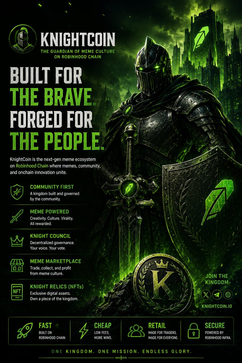 Knightcoin_'s tweet photo. Every chain has tokens.
Every bull run creates memes.
But only a few communities become legends.
KnightCoin is forging the kingdom on @RobinhoodCrypto Chain. 
Built for the brave. 
The next chapter starts here. https://t.co/mNtmUqmmbM
