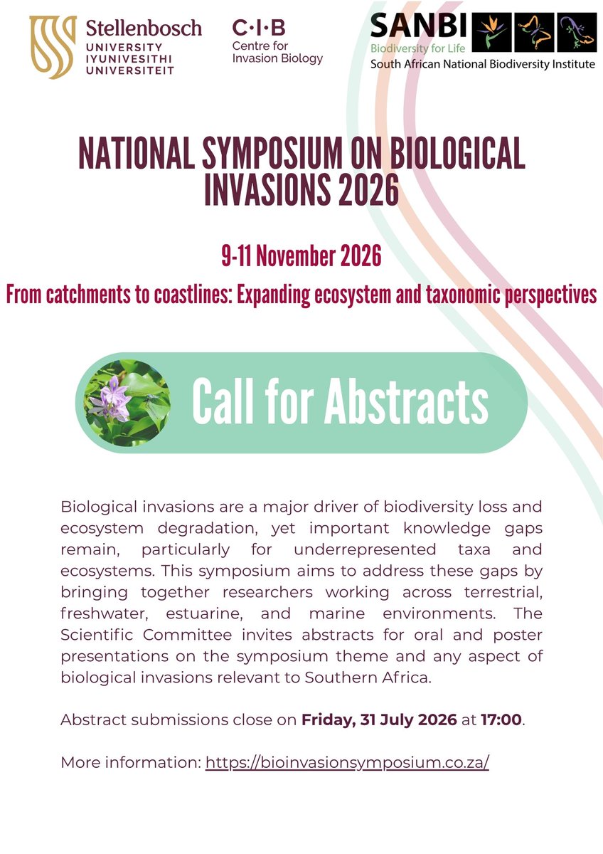 InvasionScience's tweet photo. Join us 9 - 11 Nov 2026 for the National Symposium on Biological Invasions!
The Scientific Committee is accepting abstracts for oral &amp; poster presentations focussing on biological invasions in Southern Africa.
Submit your abstract before 31 July 2026!
https://t.co/ghDYGYiO1h https://t.co/1jmdZfOWHi