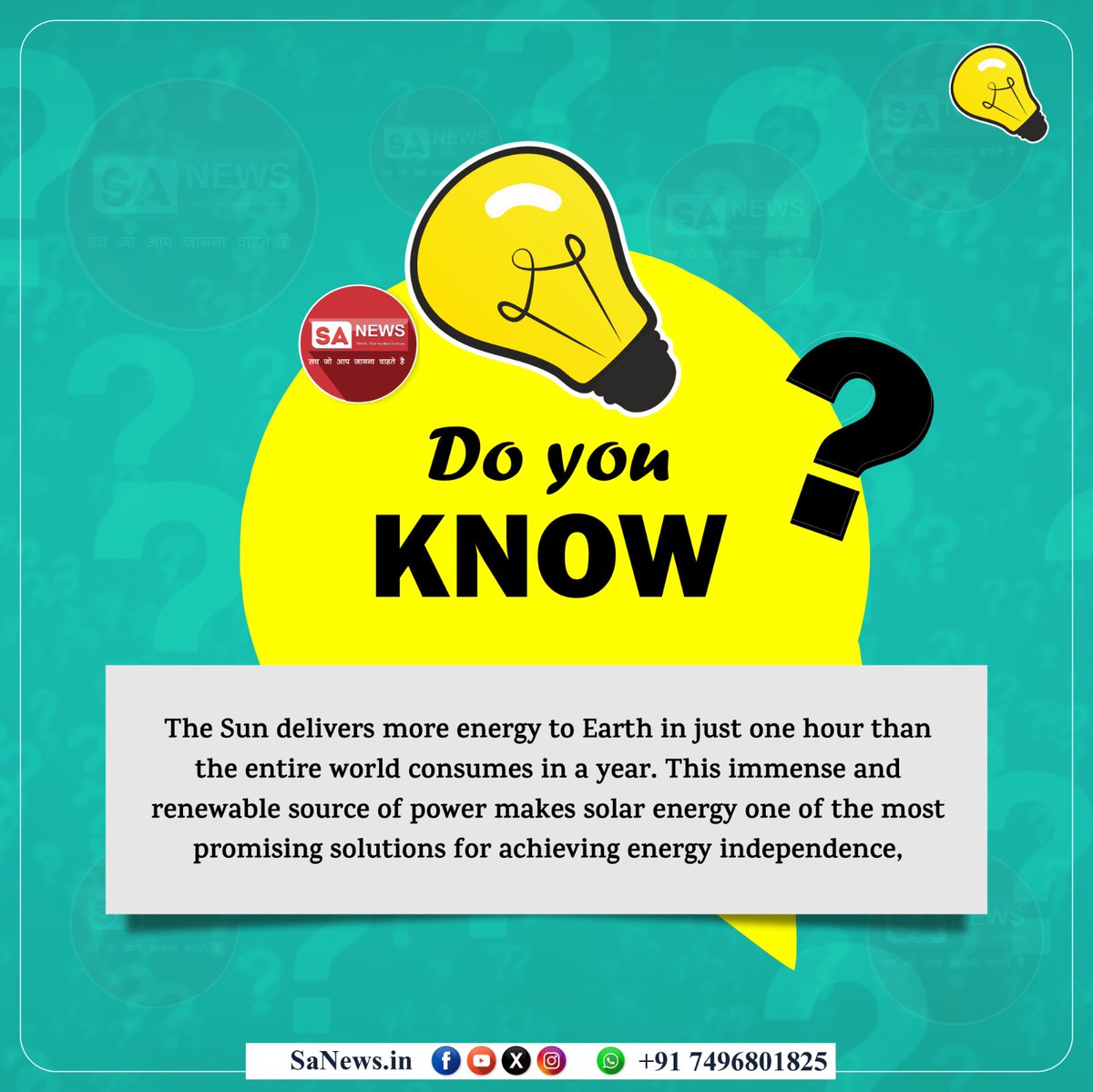 SatlokChannel's tweet photo. Do You Know?

The Sun delivers more energy to Earth in just one hour than the entire world consumes in a year. This immense and renewable source of power makes solar energy one of the most promising solutions for achieving energy independence, reducing greenhouse gas emissions, and ensuring a cleaner, more sustainable future.