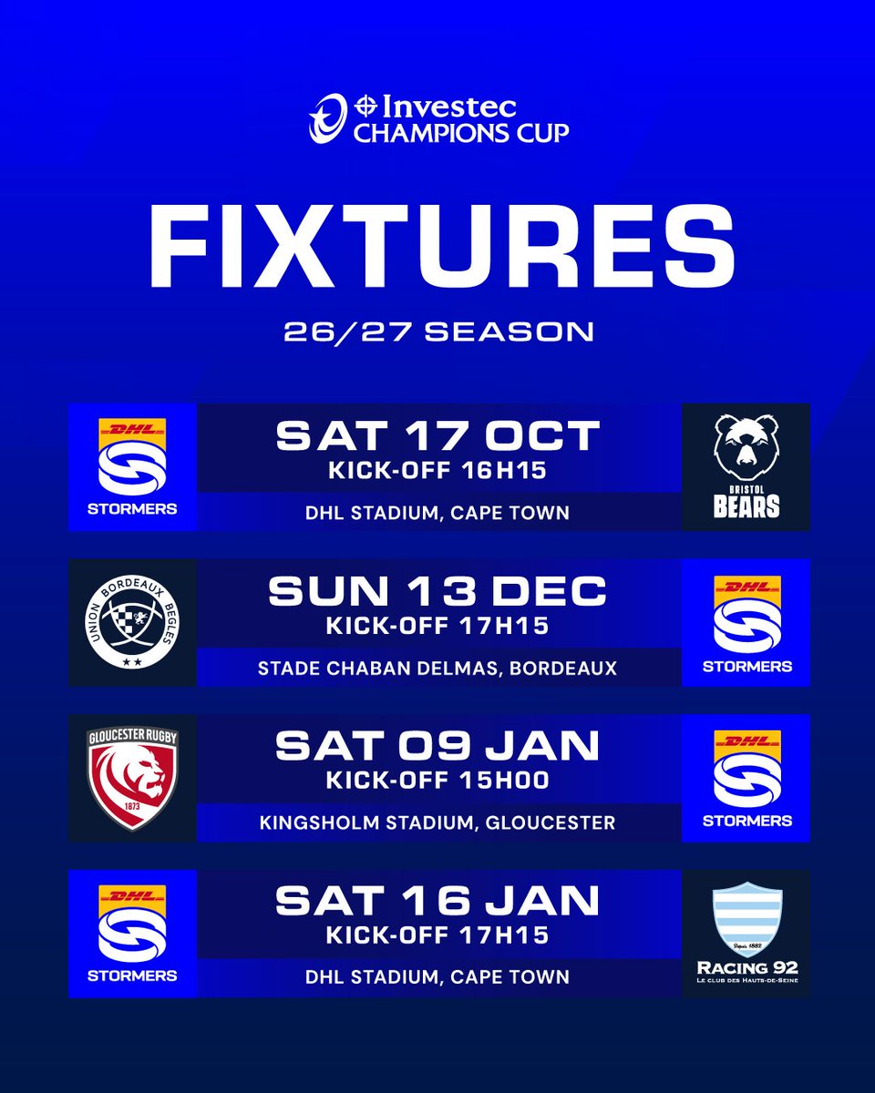 THESTORMERS's tweet photo. Our 26/27 Investec @ChampionsCup pool fixtures are set!

🏡 @BristolBears 
✈️ @UBBrugby 
✈️ @gloucesterrugby 
🏡 @racing92 

#inittogether https://t.co/Xc1nHDaMFJ