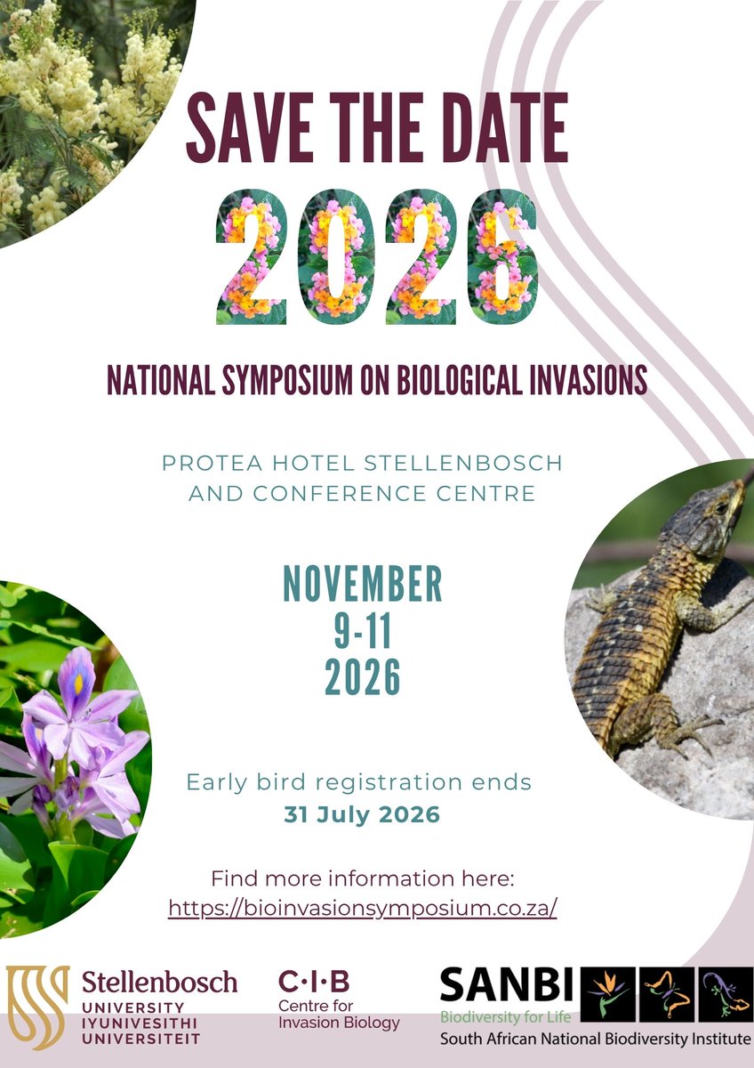 InvasionScience's tweet photo. Join us 9 - 11 November 2026 in Stellenbosch for the National Symposium on Biological Invasions 2026!

Save with our early bird registration window - closes 31 July 2026!

For more information and registration, visit:
https://t.co/ghDYGYiO1h https://t.co/zQbH5dU3d2
