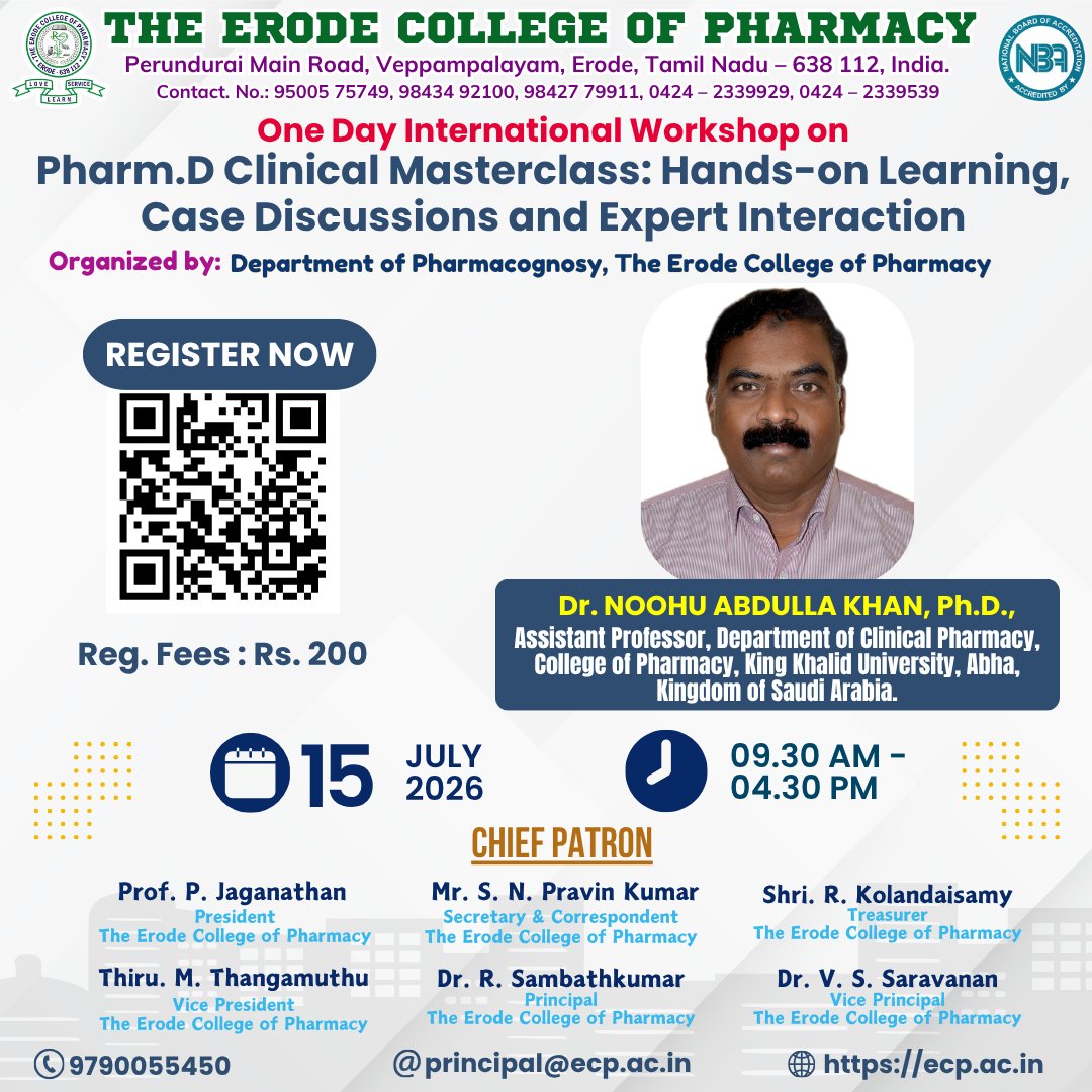 ecperode's tweet photo. Registration is now open for the One Day International Workshop, "Pharm.D Clinical Masterclass: Hands-on Learning, Case Discussions and Expert Interaction," on 15 July 2026 at The Erode College of Pharmacy. Register now: https://t.co/DZsp724A3P https://t.co/919qBShrrr