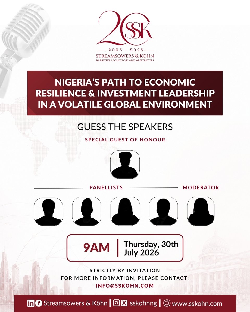 SSKohnNG's tweet photo. Can you guess the speaker and panellists for our 20th anniversary symposium, themed Nigeria’s Path to Economic Resilience and Investment Leadership in a Volatile Global Environment?
Drop your guesses in the comments.
#SSKAt20 #SSKSymposium #EconomicResilience #WeAreSSK https://t.co/jT9dVrXdg4