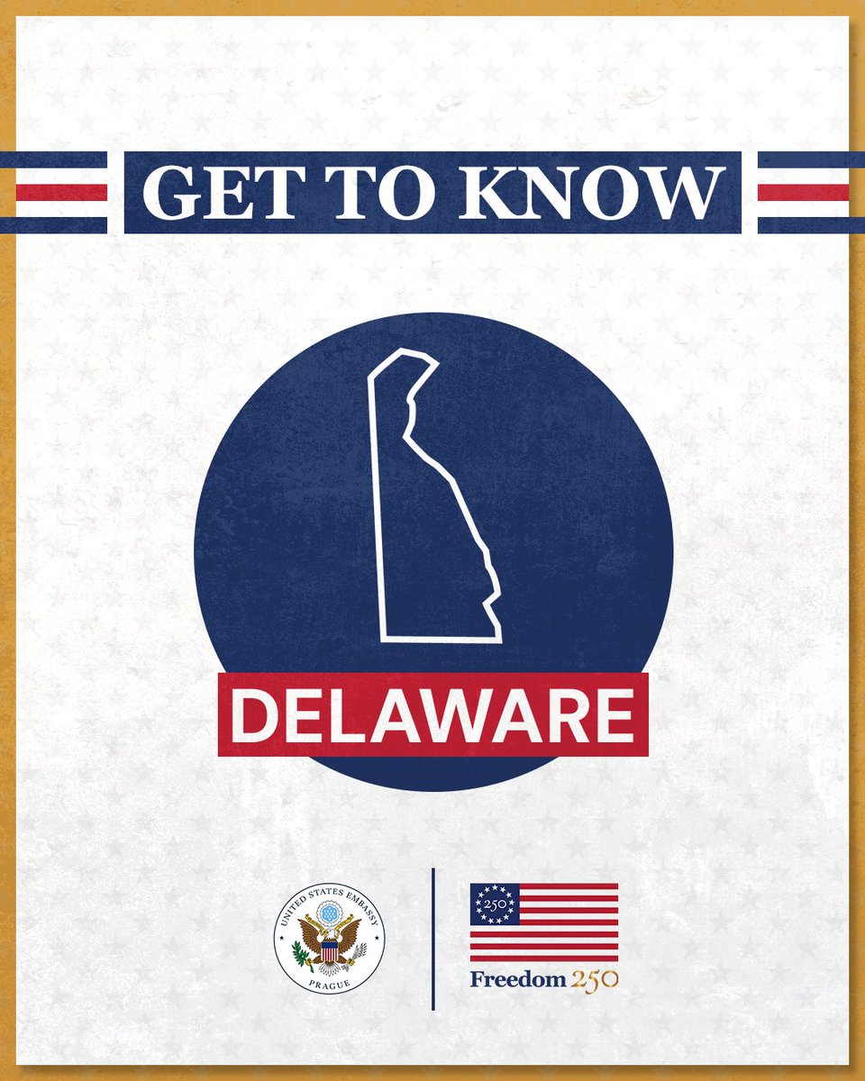 USEmbassyPrague's tweet photo. 🇺🇸State of the Week: Delaware

🥇Delaware jako první stát ratifikoval v roce 1787 Ústavu Spojených států, díky čemuž si vysloužil přezdívku „The First State“. Leží na pobřeží Atlantského oceánu a je druhým nejmenším státem USA.

📈Navzdory své velikosti patří Delaware k nejvýznamnějším centrům amerického podnikání. Díky příznivému firemnímu právu zde sídlí více než 1,9 milionu společností – tedy více, než kolik má stát obyvatel. Je zde registrována více než polovina všech veřejně obchodovaných amerických firem a přibližně 60 % společností z žebříčku Fortune 500. Není proto překvapením, že si Delaware při vstupu na americký trh vybírá také řada českých startupů a technologických firem.

⛱Delaware je známý také svými písečnými plážemi a přímořskými letovisky, jako jsou Rehoboth Beach a Bethany Beach. Díky bohatým vodám Delawarského zálivu jsou typickou součástí místní kuchyně modří krabi, ústřice a slávky. Stát proslul i netradiční soutěží Pumpkin Chunkin', při níž obří katapulty vystřelují dýně na co největší vzdálenost.
#Freedom250 #SpojeneStaty250