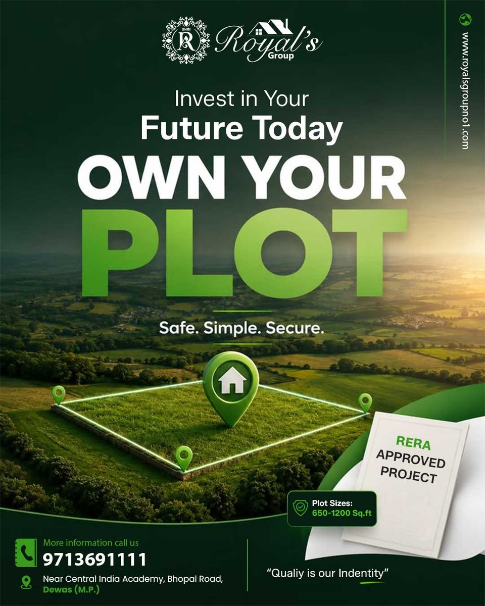 royalsgroupone's tweet photo. 🏡 Own Your Dream Plot Today!
Invest in RERA Approved premium plots for a safe & secure future.
📍 Near Central India Academy, Bhopal Road, Dewas (M.P.)
📞 9713691111
#RoyalsGroup #DreamPlot #RERAApproved #ResidentialPlots #Dewas #PropertyInvestment #RealEstate #LandForSale https://t.co/UHL6et1V68
