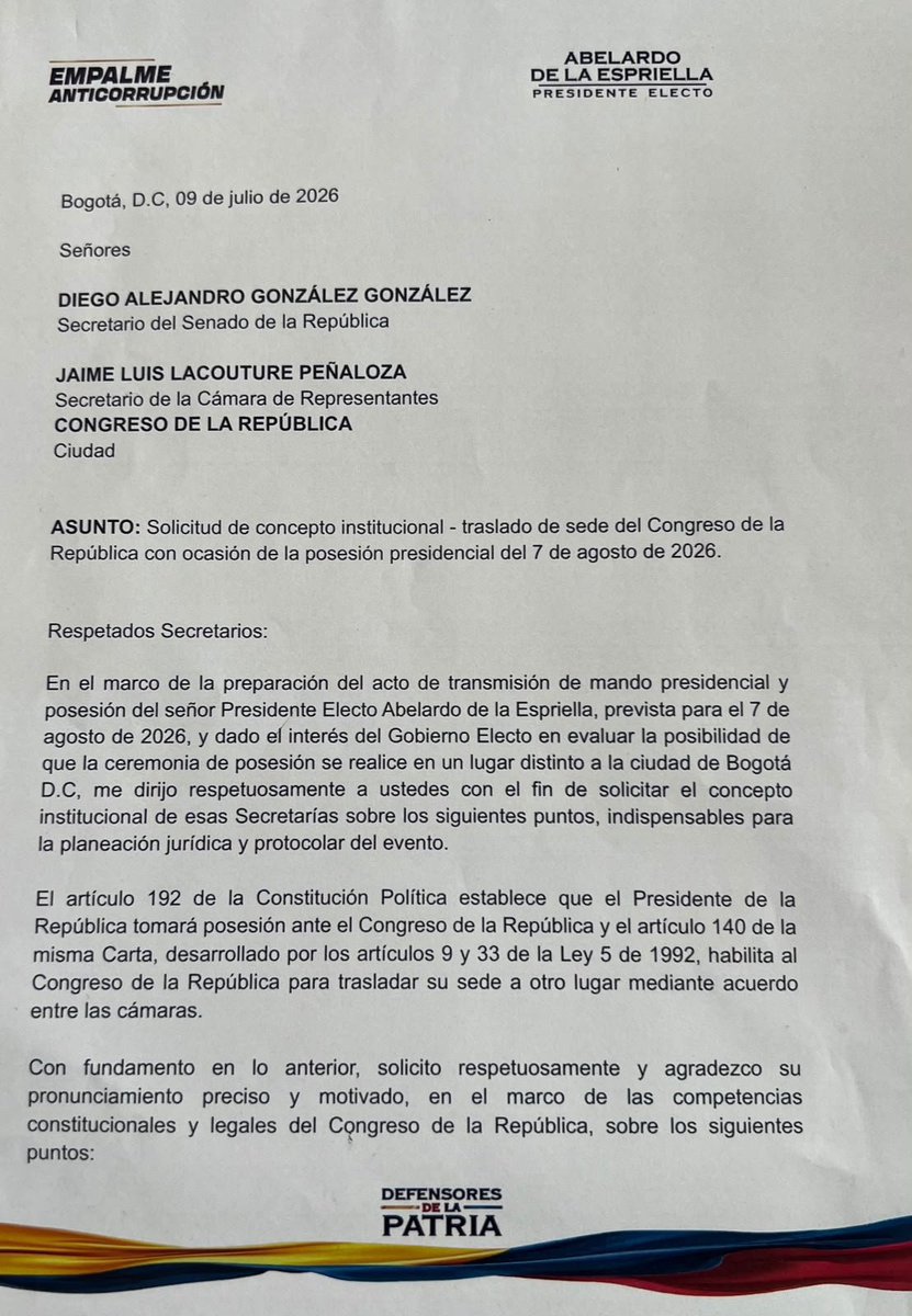 Sebas12Perez10's tweet photo. Esta es la solicitud de Abelardo de la Espriella al Congreso de la República para tomar posesión en una guarnición militar. https://t.co/NYbK2BSN75