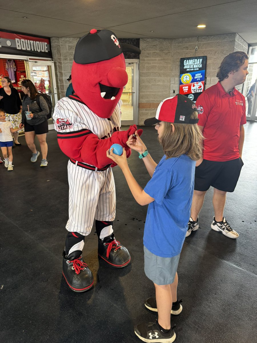 JshSMoore's tweet photo. A few weeks ago on Father’s Day, I took my son to his first @ottawa_titans game. He met Cappy, got a signed baseball, and left a Titans fan for life.

We’re excited to be back for Dino Day this Sunday. Love seeing the Titans continue to build connections in our community. ⚾ https://t.co/MnCSbfFDs5