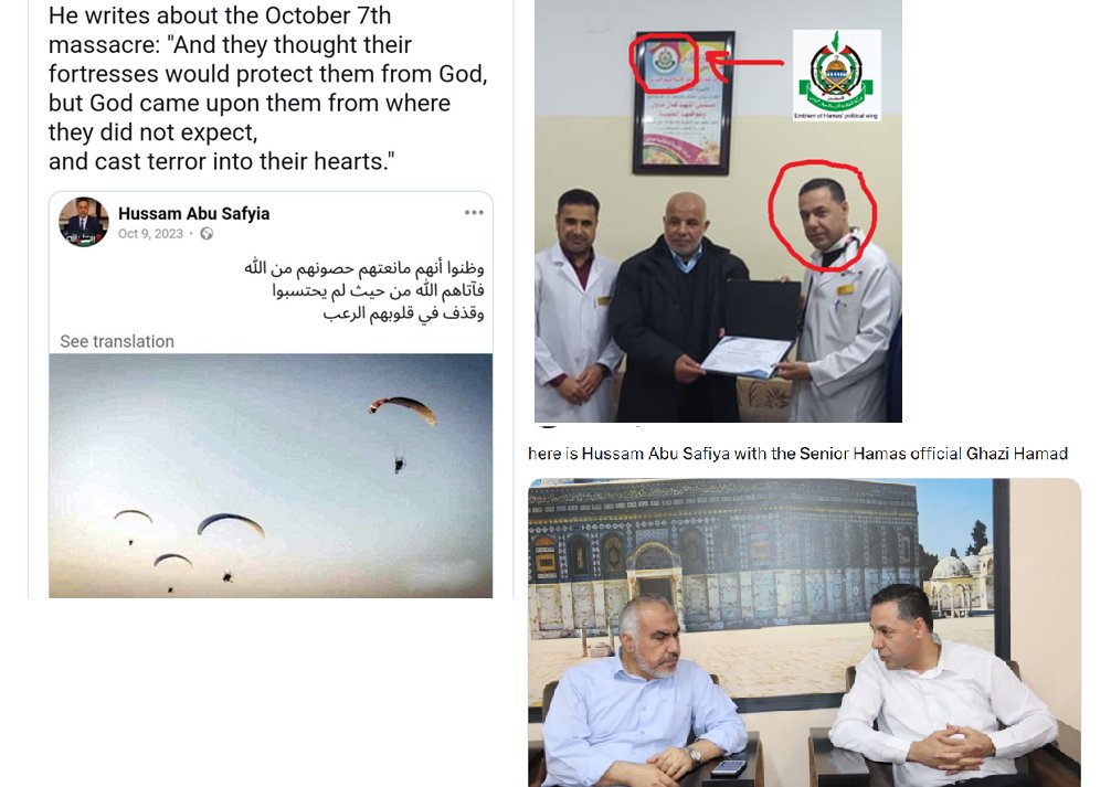 AdinHaykin1's tweet photo. Evidence that Colonel Hussam Abu Safiya is a terrorist who should be imprisoned:

> Documented in military uniform with the rank of colonel
> Documentation that he met with senior Hamas officials
> The hospital he managed is named after a terrorist who was responsible for the 1972 Munich massacre.
> Islamic Jihad admits its commander was killed while hiding in his hospital on the day of his arrest
> Hamas filmed itself releasing hostages next to this hospital
> Hamas admitted that the Head of Gaza's Nursing Association at its hospital was their commander

And all this without touching on the evidence provided by the IDF.