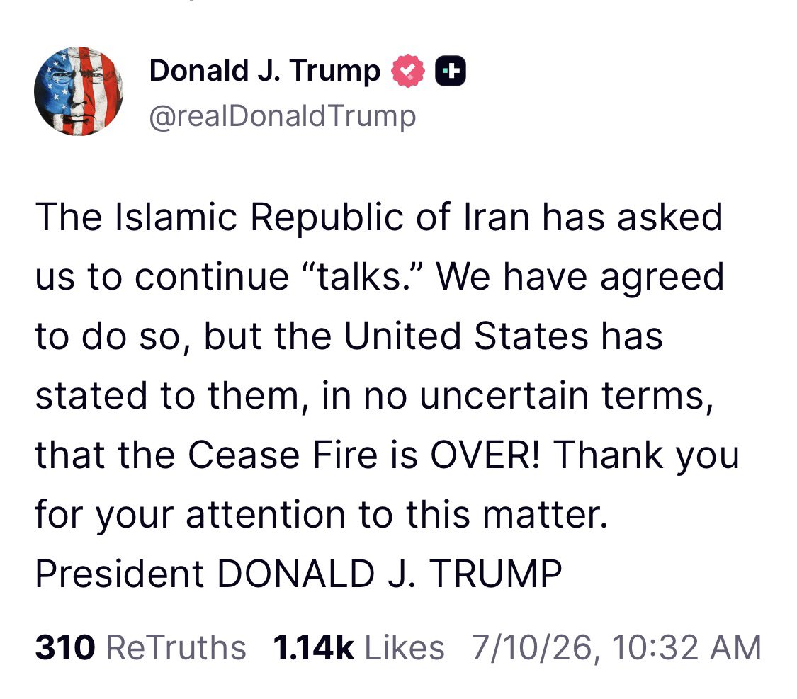 robert649831's tweet photo. Trump:
Iran has asked us to continue talks we have agreed to do so, but the United States has stated to them,in no uncertain terms,that the cease fire is over !Thank you for your attention to this matter.  President @realDonaldTrump https://t.co/Tt3zDRoSE8