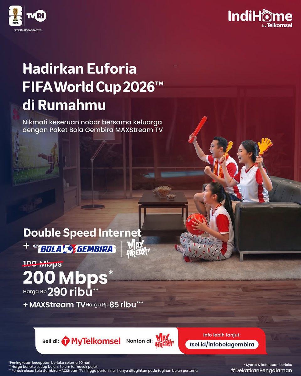 IndiHome's tweet photo. Keseruan babak 8 besar Piala Dunia FIFA 2026 siap hadir di rumahmu. 

Dengan Paket Double Speed Bola Gembira, nikmati upgrade kecepatan hingga 200 Mbps dan tambah MAXStream hanya Rp85 ribu. Cocok buat nobar di rumah tanpa rebutan koneksi.

Paket mulai dari Rp290 ribu per bulan. Karena yang bikin deg-degan harusnya pertandingan, bukan internetnya.

Aktifkan sekarang lewat MyTelkomsel atau kunjungi GraPARI terdekat

#BolaGembiraMaXStreamTV
#Telkomsel5G
#Telkomsel5GPoweredByAI
#DekatnyaNyataPintarnyaTerasa
#DekatkanPengalaman