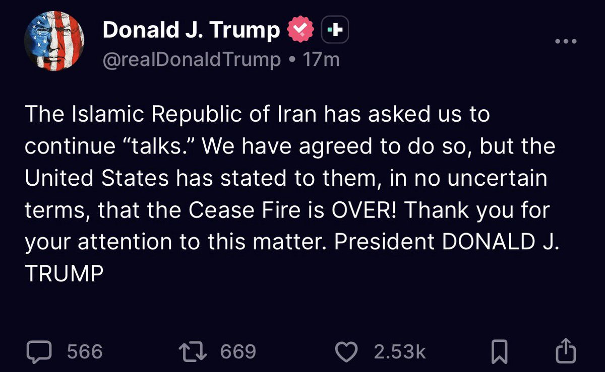 alrougui's tweet photo. عاجل :

ترامب قبل قليل :

لقد طلبت منا إيران مواصلة “المحادثات”، وقد وافقنا على ذلك. لكن الولايات المتحدة أوضحت لهم بشكل لا لبس فيه أن وقف إطلاق النار قد انتهى.

شكرًا لاهتمامكم بهذا الأمر.

— الرئيس دونالد ج. ترامب. https://t.co/KaB8W6wXBS