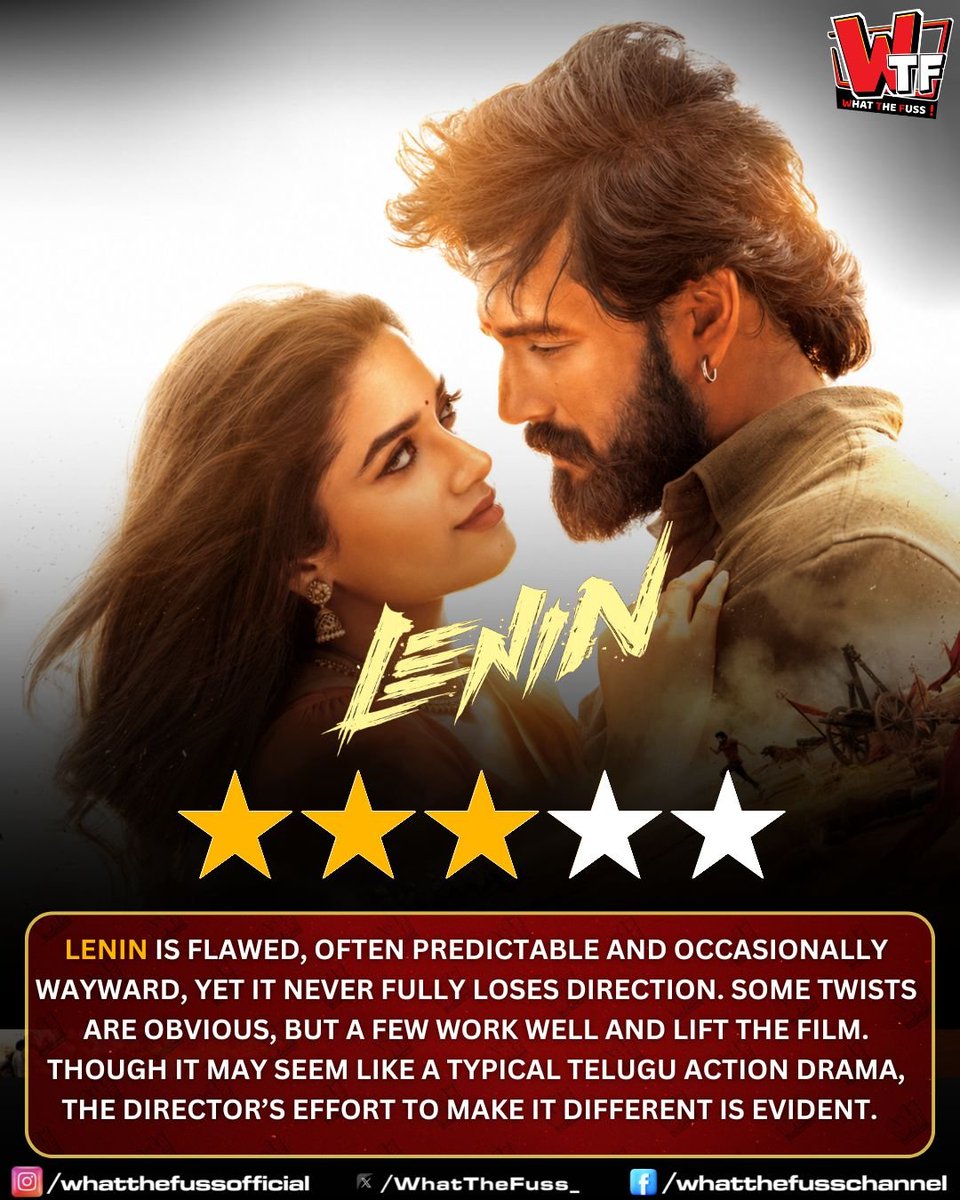 WhatTheFuss_'s tweet photo. #Lenin Review:  An emotionally charged action drama that explores love, friendship, family, and betrayal as its subplots. The first half takes its time to settle and set up the story. A good setup is essential for these kinds of plots because you cannot rush things without a proper foundation for the drama to brew. The first half ends on a high with a couple of strong revelations.  

The second half starts off well. The director holds the drama together by consistently altering his characters from white to grey and vice versa. The drama built around the main villain is engaging. Although the play is predictable, it is narrated in a way that keeps the audience invested. However, certain portions feel repetitive and draggy at times. The movie is emotionally charged, with love being the central factor. Unfortunately, the love portions are too clichéd and fail to achieve the intended emotional connection. They are not bad but could have been improved. The climax twist salvages some of these hiccups and provides a decent closure to this rural rustic tale.  

Performance-wise, #AkhilAkkineni has improved a lot and carries the movie well. #BhagyashriBorse’s character is typical, but she performs convincingly. Pramod Panju is good as Vasanth, and his character transformation is handled well. Shivaji has a meaty role and delivers strongly. The rest of the cast are fine.  

#Thaman is literally the pillar of this action drama. His songs are good and pleasing, though their placements are a drawback. It is his background score that makes the difference. The music is exhilarating, ferocious, and elevates the mood of the movie. The final fight sequence is particularly enhanced by the score. Cinematography is fine, and editing is decent.  

Overall, Murali Krishna Abburu delivers a decent output with Lenin, a film that can be watched once in theatres.
 
@AkhilAkkineni8  @iamnagarjuna @vamsi84 @KishoreAbburu @MusicThaman  @AnnapurnaStdios @SitharaEnts