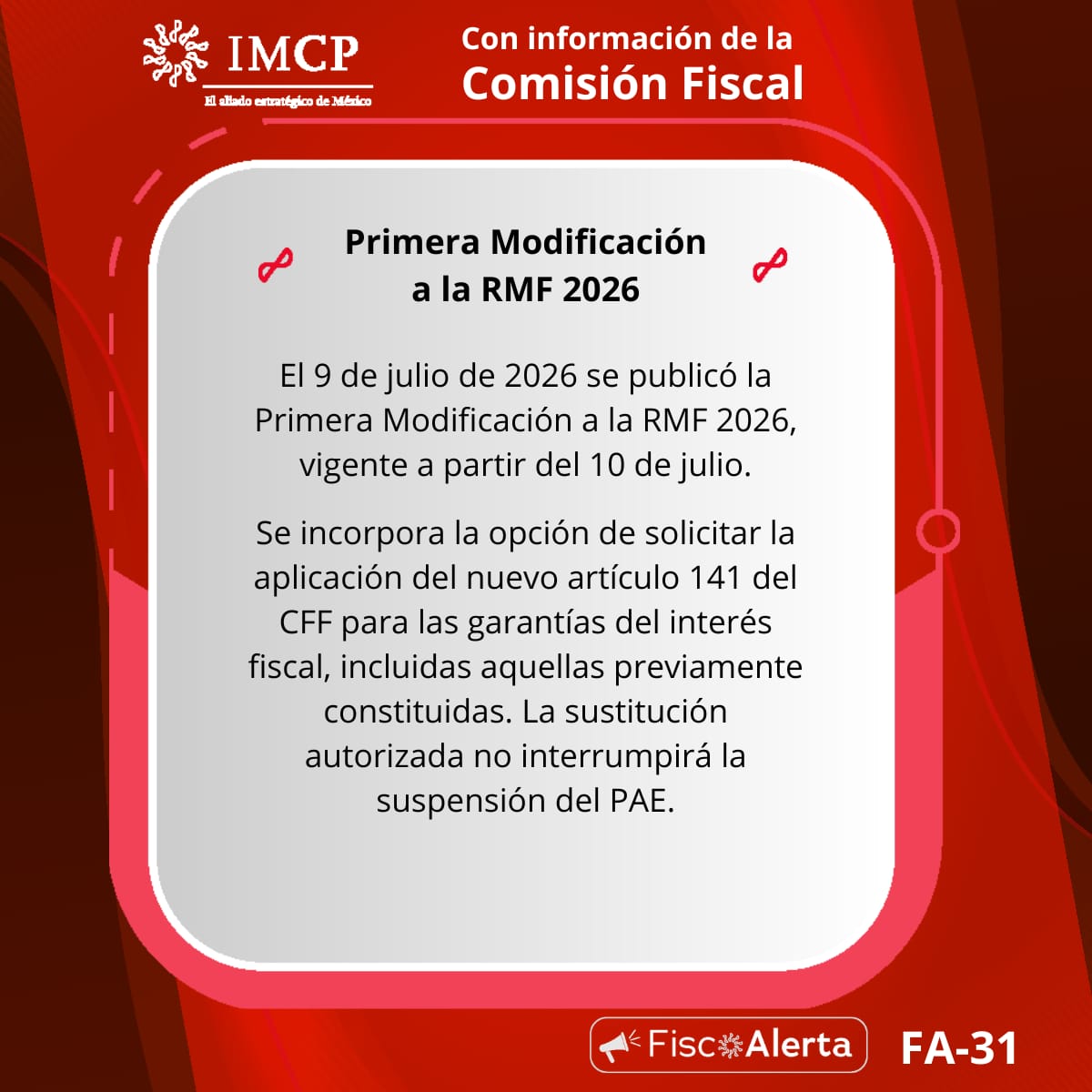 IMCP's tweet photo. El 9 de julio de 2026 se publicó la Primera Modificación a la #RMF #2026, vigente a partir del 10 de julio.

Fuente: Primera Resolución de Modificaciones a la Resolución Miscelánea Fiscal para 2026, publicada en el #DOF el 9 de julio de 2026. https://t.co/jaYE8ljgQb