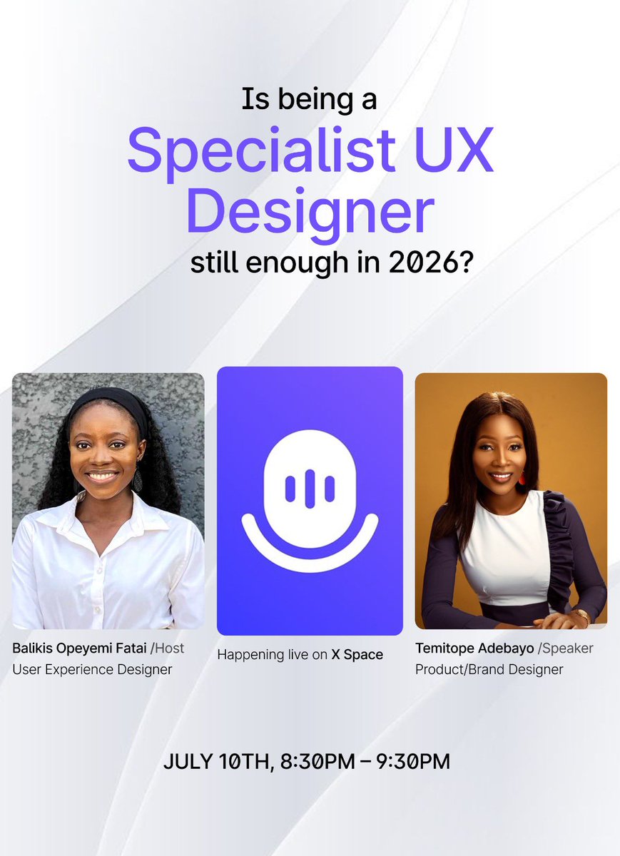 temiadebayo14's tweet photo. Is Being a UX Specialist Still Enough in 2026? 🤔

Join us tonight as we discuss the future of design careers, specialization vs. versatility, AI, and how designers can stay competitive.

Don't miss it. 🎙✨

https://t.co/OJuq3ZMprP https://t.co/HzqqNngW7X
