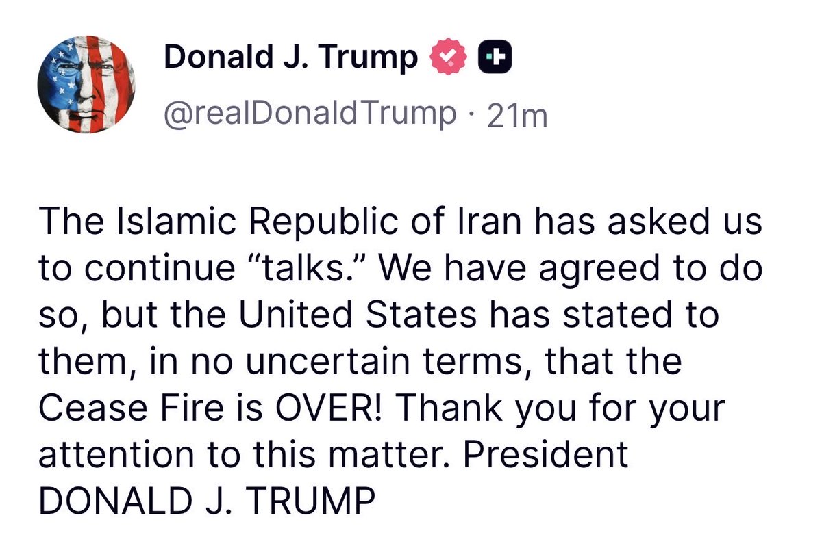 SuppressedNws1's tweet photo. Trump in a new post of things that did not happen.

Only thing certain is that the “Cease Fire is OVER”. https://t.co/HxQyqFDhAZ
