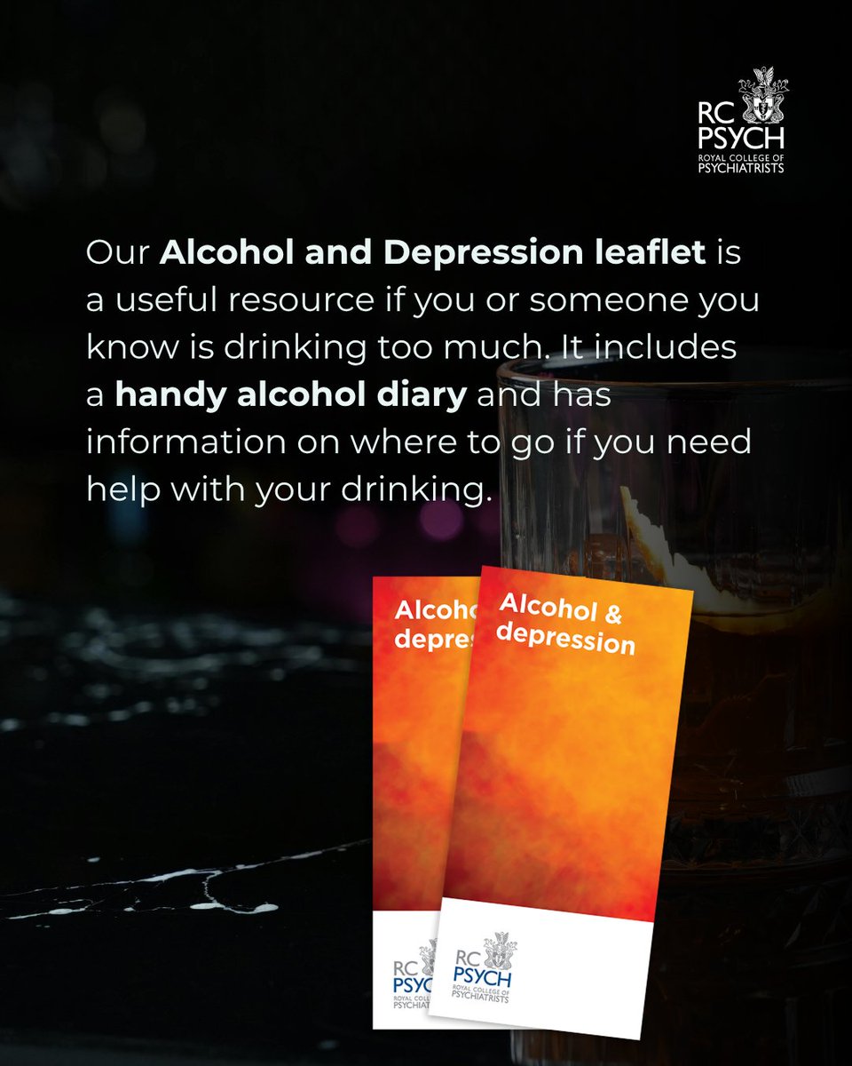 rcpsych's tweet photo. Take time out this #AlcoholAwarenessWeek to check out our alcohol and depression leaflet if you or someone you know is struggling with alcohol.
It includes a handy alcohol diary and has information on where to go if you need help with your drinking. https://t.co/hoMG3OosQQ