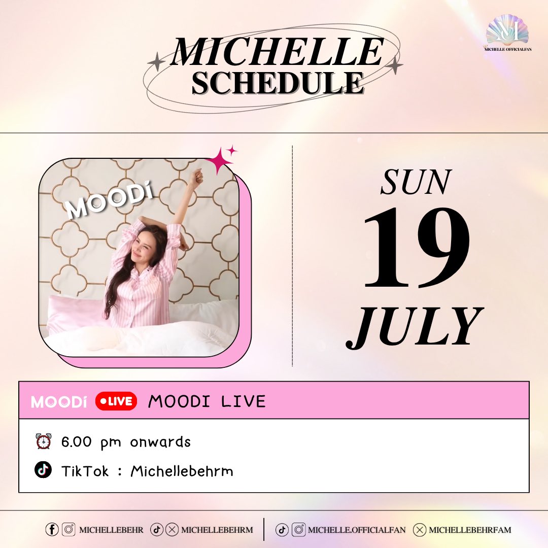 michellebehrfam's tweet photo. ❗️*UPDATE*❗️
💛Schedule JULY 2026🐚 

> 19 JULY ‘MOODI Live’

#มิเชลเบอร์แมนน์ #michellebehrmann https://t.co/8vT7zyAnwP