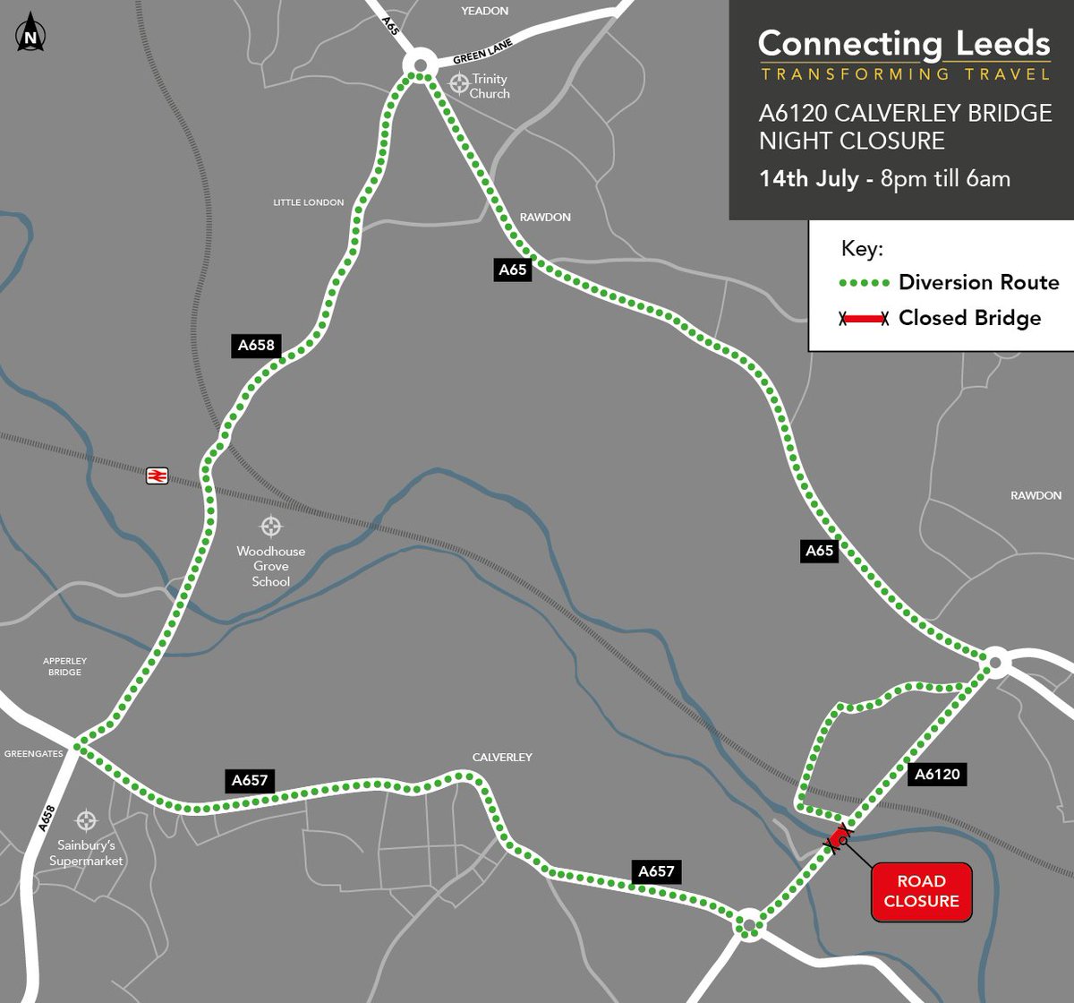 ConnectingLeeds's tweet photo. ๐ง Plan ahead ๐ง
The A6120 Calverley River Bridge will be closed overnight on Tues 14 July (8pmโ6am) to install safety barriers and road markings, ahead of essential bridge repair works.
A signed diversion will be in place.
Please allow extra time for your journey. #PlanAhead https://t.co/5hGJNbcESv