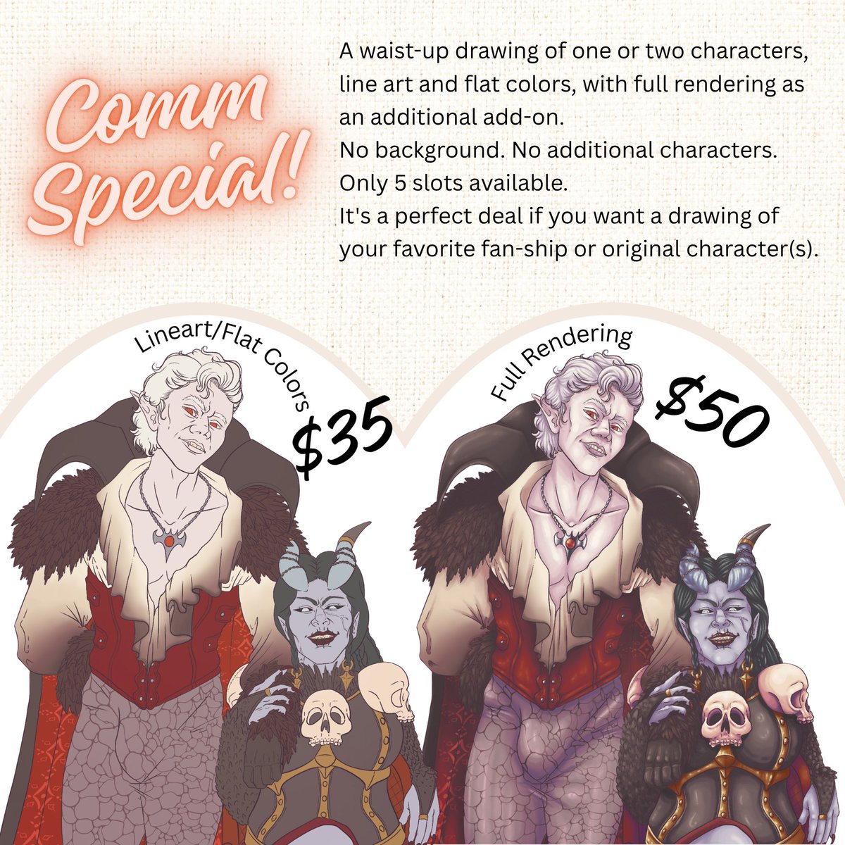 CapButterBuns's tweet photo. Comm Special!   

I'm running a brief special on my waist-up drawings due to bills needing paid. It is a line art/flat colors drawing of one or two characters of your choosing at $35, with full rendering being an option at $50. Only 5 slots available. 👀

https://t.co/PLVS2nAPe5 https://t.co/gdzE66Mqfg