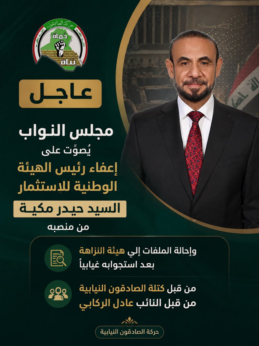 AlmyahyFatmt's tweet photo. البرلمان صوت باعفاء حيدر مكية رئيس هيئة الاستثمار من منصبه بعد استجواب السيد عادل حاشوش عن كتلة الصادقون النيابة وباجماع النواب عددهم ١٩٢ نائب واحالة المخالفات الى هيئة النزاهة https://t.co/4vwLJ4Bt9L