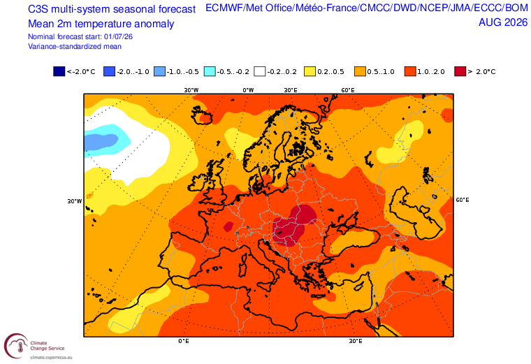 ExtremeMeteo's tweet photo. Le C3S qui propose des modélisations saisonnières, est bien pessimiste sans surprise pour le mois d'août avec chaleur parfois très forte et sécheresse qui persisteraient. 

L'anomalie un peu plus humide modélisée sur le sud, ne signifie pas obligatoirement "un mois bien humide" dans la mesure où les cumuls sont faibles durant ce mois en général, et il ne suffit pas de grand chose pour être en excédent par rapport à la normale.

Pour ma part d'ici le 15 août, j'ai du mal à voir un changement fondamental du schéma général, une canicule ou une vague de chaleur est bien possible en août.

Source : Forecast Copernicus