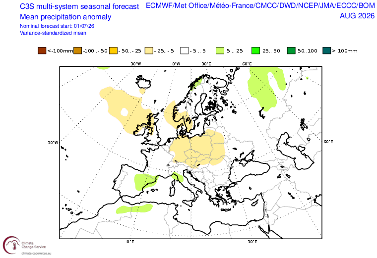 ExtremeMeteo's tweet photo. Le C3S qui propose des modélisations saisonnières, est bien pessimiste sans surprise pour le mois d'août avec chaleur parfois très forte et sécheresse qui persisteraient. 

L'anomalie un peu plus humide modélisée sur le sud, ne signifie pas obligatoirement "un mois bien humide" dans la mesure où les cumuls sont faibles durant ce mois en général, et il ne suffit pas de grand chose pour être en excédent par rapport à la normale.

Pour ma part d'ici le 15 août, j'ai du mal à voir un changement fondamental du schéma général, une canicule ou une vague de chaleur est bien possible en août.

Source : Forecast Copernicus