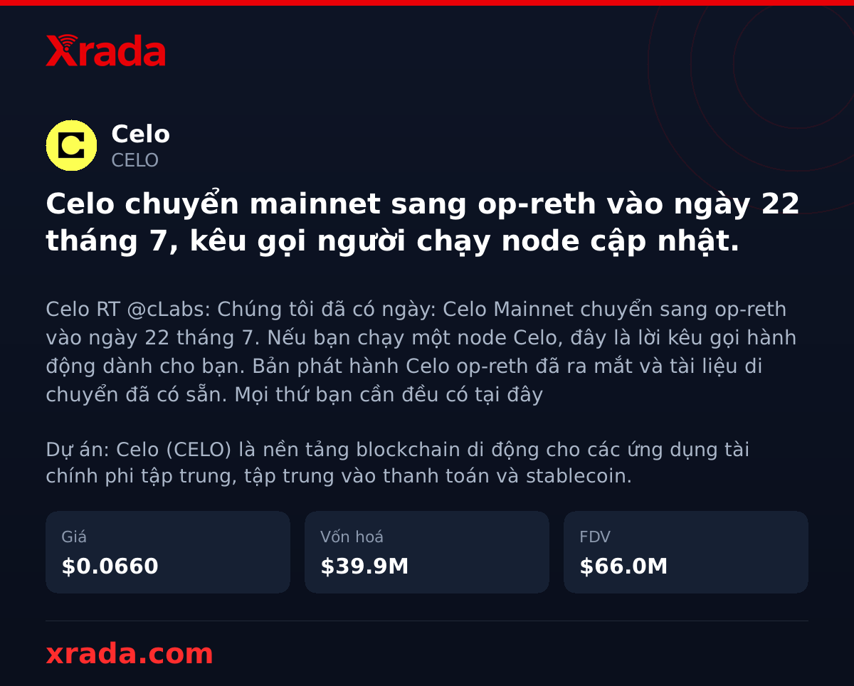 Xrada_com's tweet photo. Celo Mainnet chính thức chuyển sang op-reth vào 22/07 – anh em chạy node nhanh tay cập nhật ngay kẻo lỡ nhịp! 🚀

#CELO #crypto #tintuc https://t.co/VGFHkl4blg