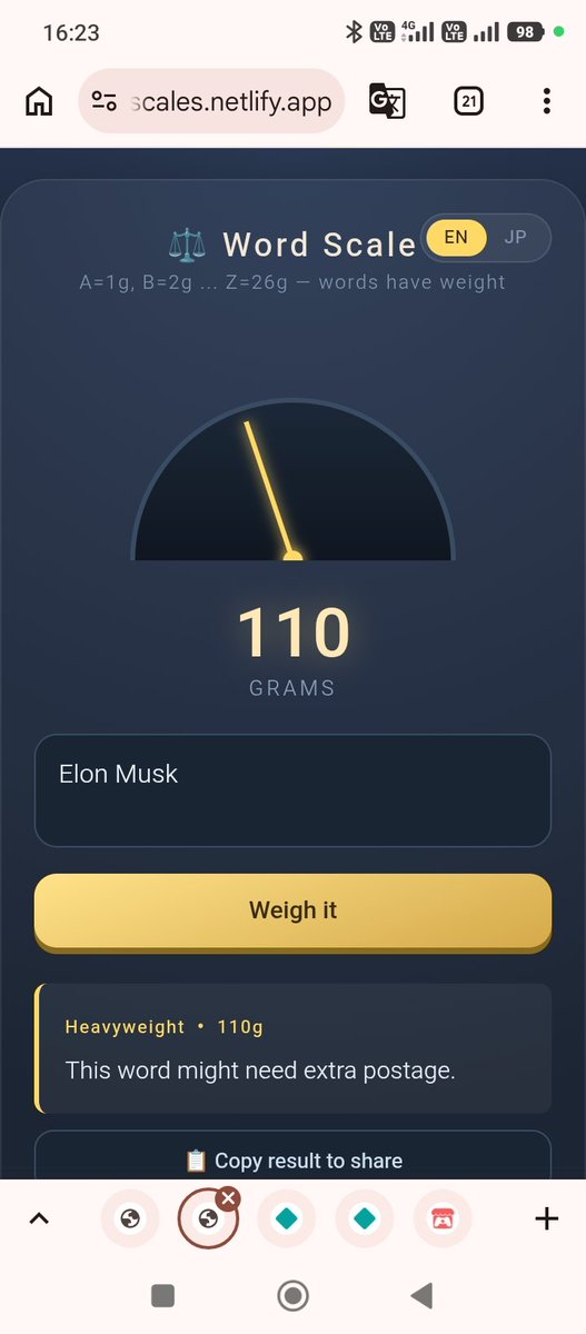 borninatank's tweet photo. ⚖️ Michael Jackson = 124g
Elon Musk = 110g
What does YOUR name weigh? ⚖️
This tiny silly website actually measures words.
A=1g … Z=26g
https://t.co/cmED1lzjlN
Drop your results 👇
#WordScale #WordPlay #IndieDev #WebGame https://t.co/IQZrtT2BDw
