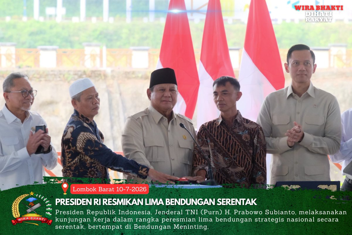 Korem162W's tweet photo. Presiden RI Resmikan Lima Bendungan Serentak, PAM VVIP Berjalan Aman dan Lancar di NTB

📍   Bendungan Meninting 
🗓️   10 Juli 2026

https://t.co/SqTsYDA0zy

@puspentni
@tni_angkatan_darat
@kodam.ix.udayana
#TNI_PRIMA 
#kodamudayana
#wirabhakti
#RI1 https://t.co/SxpH7jACyY