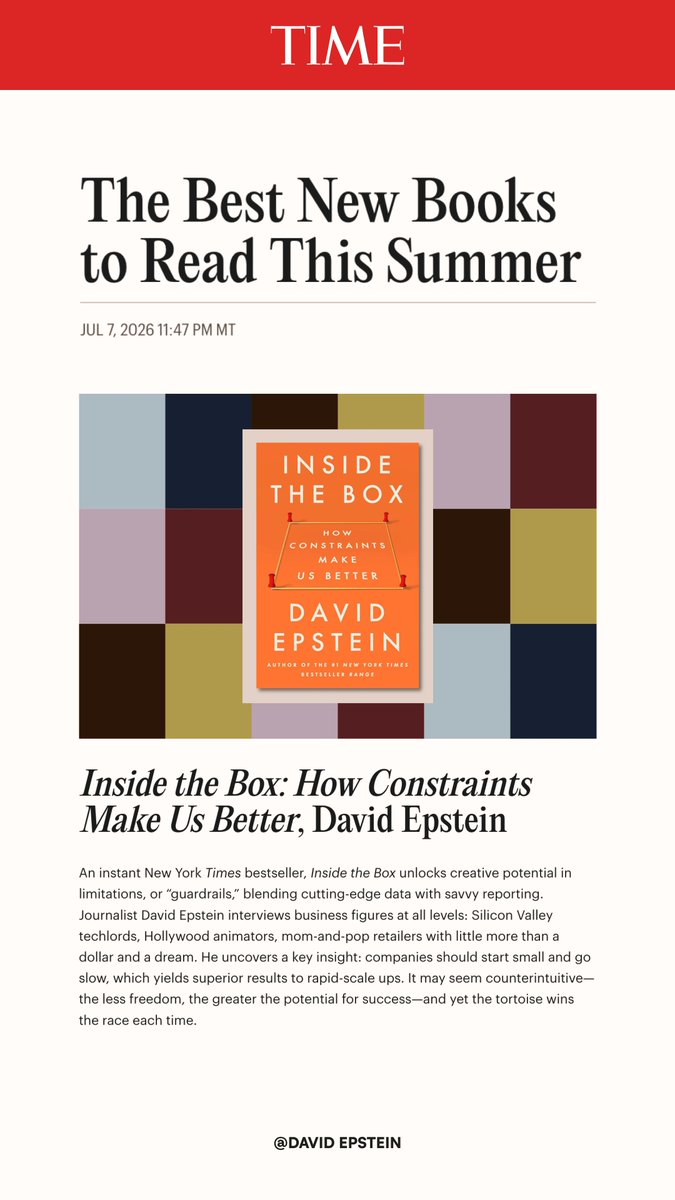 DavidEpstein's tweet photo. Thank you @time for selecting Inside The Box as a recommended summer read. I’m honored. https://t.co/KxEnnq0MPg