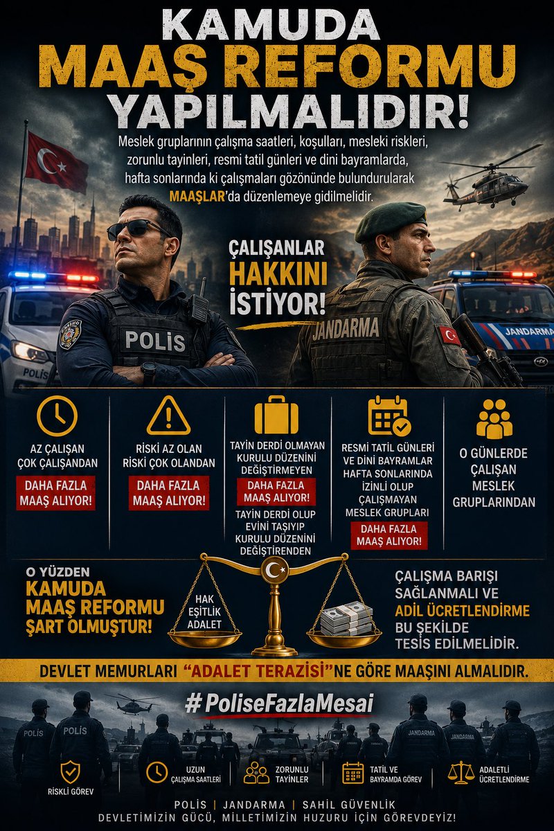 SancaktarSamet's tweet photo. Kamuda MAAŞ REFORMU yapılmalıdır. 

Meslek gruplarının çalışma saatleri, koşulları, mesleki riskleri, zorunlu tayinleri, resmi tatil günleri ve dini bayramlarda, hafta sonlarında ki çalışmaları gözönünde bulundurularak MAAŞLAR'da düzenlemeye gidilmelidir.

- Az çalışan çok çalışandan,
- Riski az olan, riski çok olandan,
- Hiç tayin derdi olmayan, evini taşımayan kurulu düzenini değiştirmeyen ise TAYİN Derdi olup evini taşıyıp kurulu düzenini değiştirenden,
- Resmi tatil günleri ve dini bayramlar hafta sonlarında izinli olup çalışmayan meslek grupları O GÜNLERDE ÇALIŞAN Meslek Gruplarından,Daha fazla maaş alıyor. 

 KAMUDA MAAŞ REFORMU şart olmuştur. ÇALIŞMA BARIŞI sağlanmalı ve ADİL ÜCRETLENDİRME bu şekilde tesis edilmelidir. DEVLET MEMURLARI "adalet terazisi"ne göre maaşını almalıdır.

@TC_icisleri @RTErdogan @mustafaciftcitr @tcbestepe @TBMMresmi @TBMMGenelKurulu @iyipartitbmm @MhpTbmmGrubu @Saadet_TBMM @AKPartiTBMMGrup @rprefahtbmm @anahtarparti @zaferpartisi @TbmmChp 
@yavuzagiraliog @eczozgurozel @CHPMuratBakan @umitozdag 
#PoliseFazlaMesai
