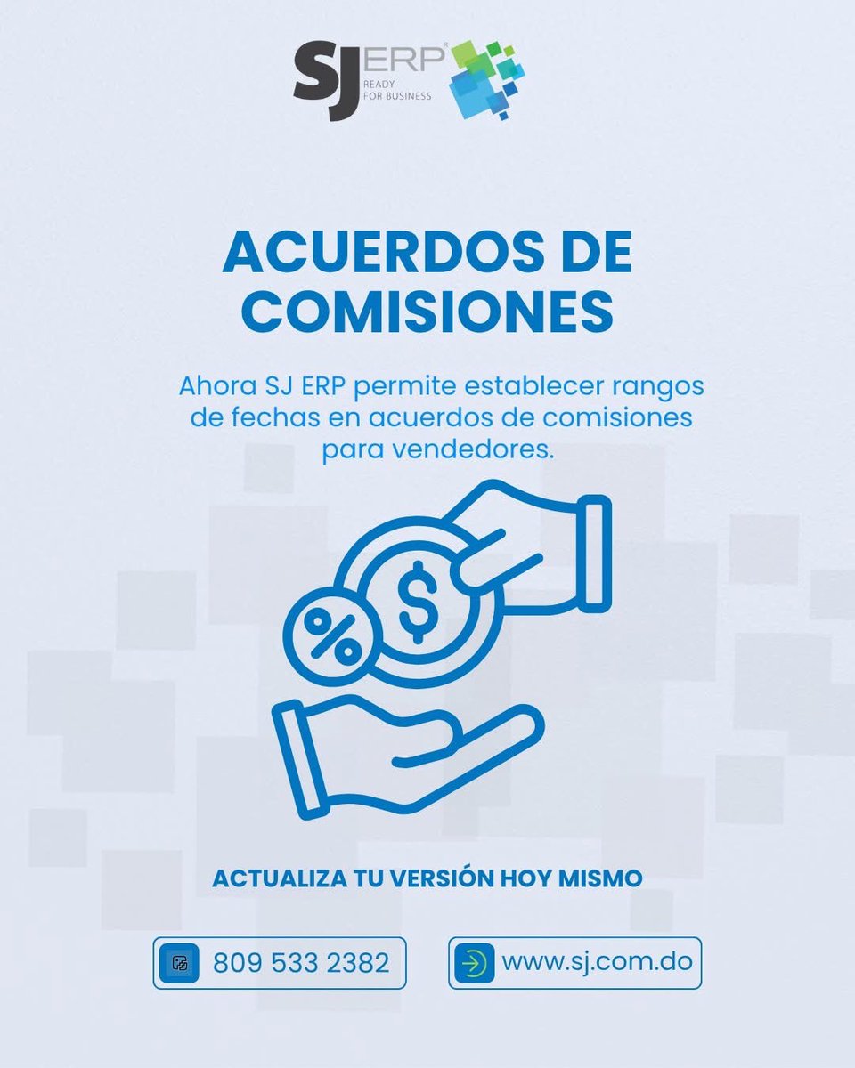 SJ_ERP's tweet photo. 📢 Novedad en SJ ER
Ahora la configuración de acuerdos de comisiones permite establecer comisiones por rango de fechas, ofreciendo mayor flexibilidad en la gestión y control de tus acuerdos comerciales.
 
💻 ¡Sigue aprovechando las mejoras de SJ ERP!
📩 soporte@sj.com.do https://t.co/Jgz5HJmXbQ