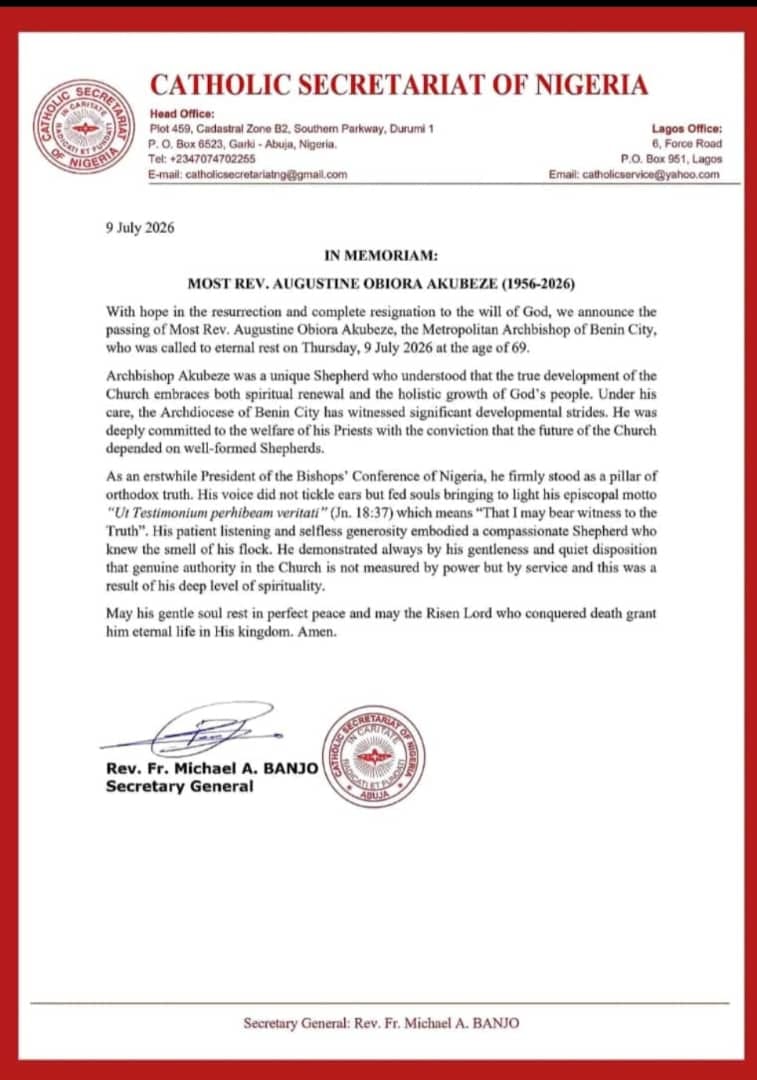 ChidiOdinkalu's tweet photo. The Catholic Bishops Conference Of Nigeria, #CBCN, has announced the passing of the Metropolitan of the Catholic Archdiocese of Benin, Most Rev. Augustine Obiorah Akubeze. He was 69. RIP. https://t.co/GnWYkxcxPg